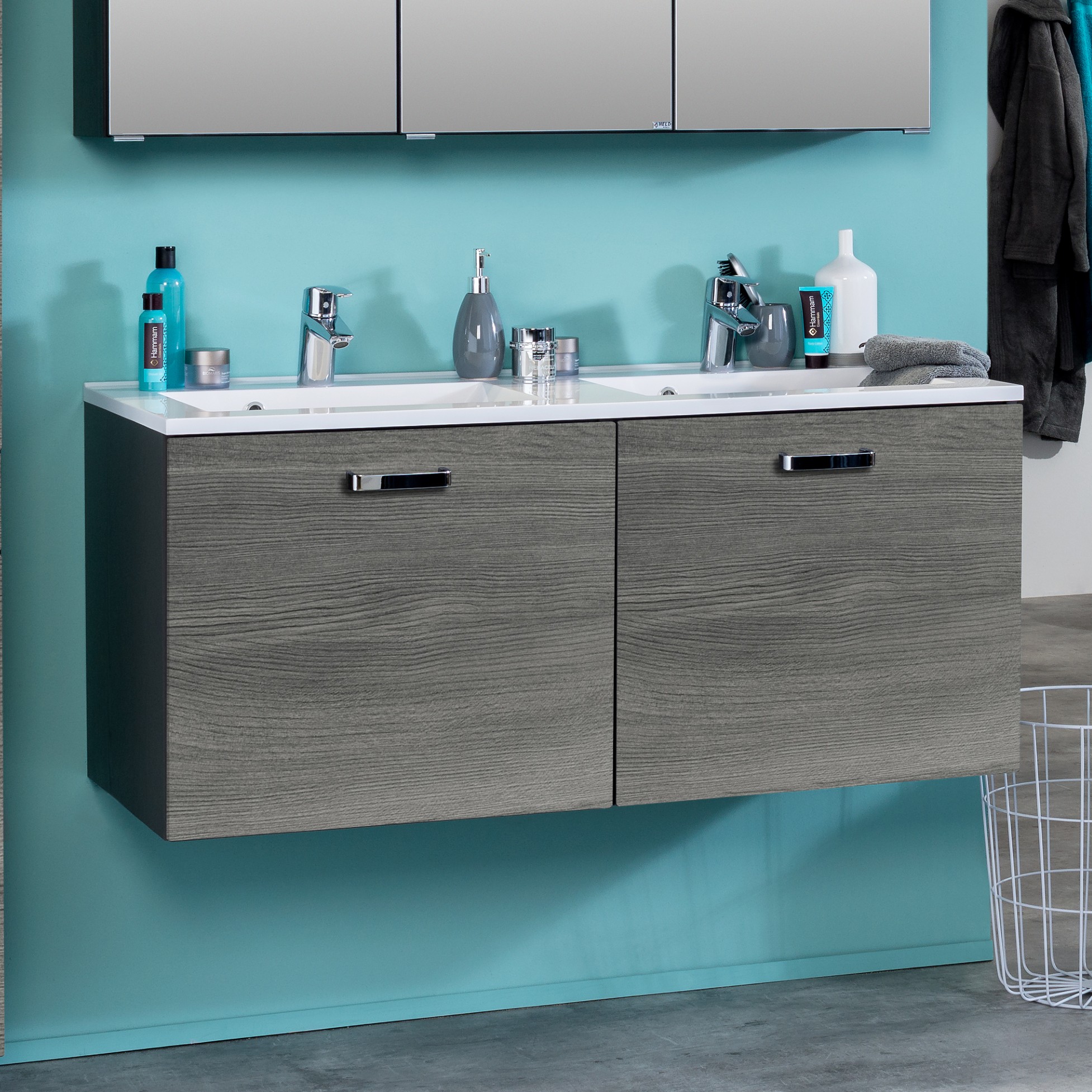 Meuble vasque Bobbi 120cm avec double vasque et 2 tiroirs - graphite/chêne gris