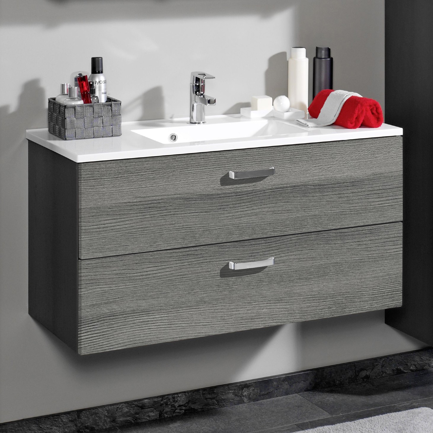 Meuble vasque Bobbi 80cm 2 tiroirs - graphite/chêne gris - Image 1