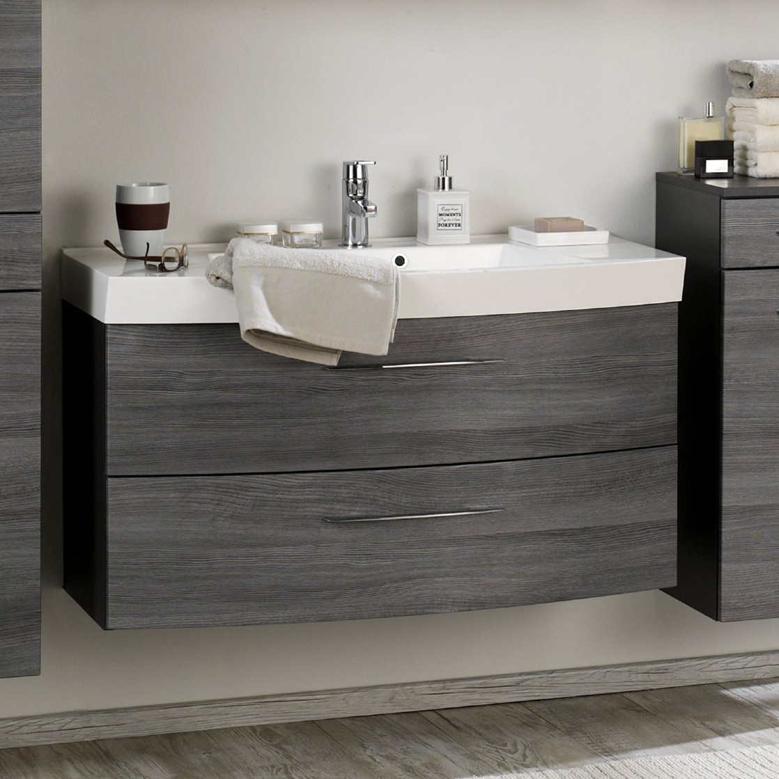 Meuble vasque Florent courbé 100cm 2 tiroirs - graphite/chêne gris - Image 1
