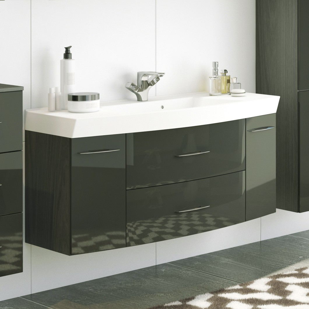 Meuble vasque Florent courbé 120cm 2 tiroirs & 2 portes - graphite/gris brillant - Image 1