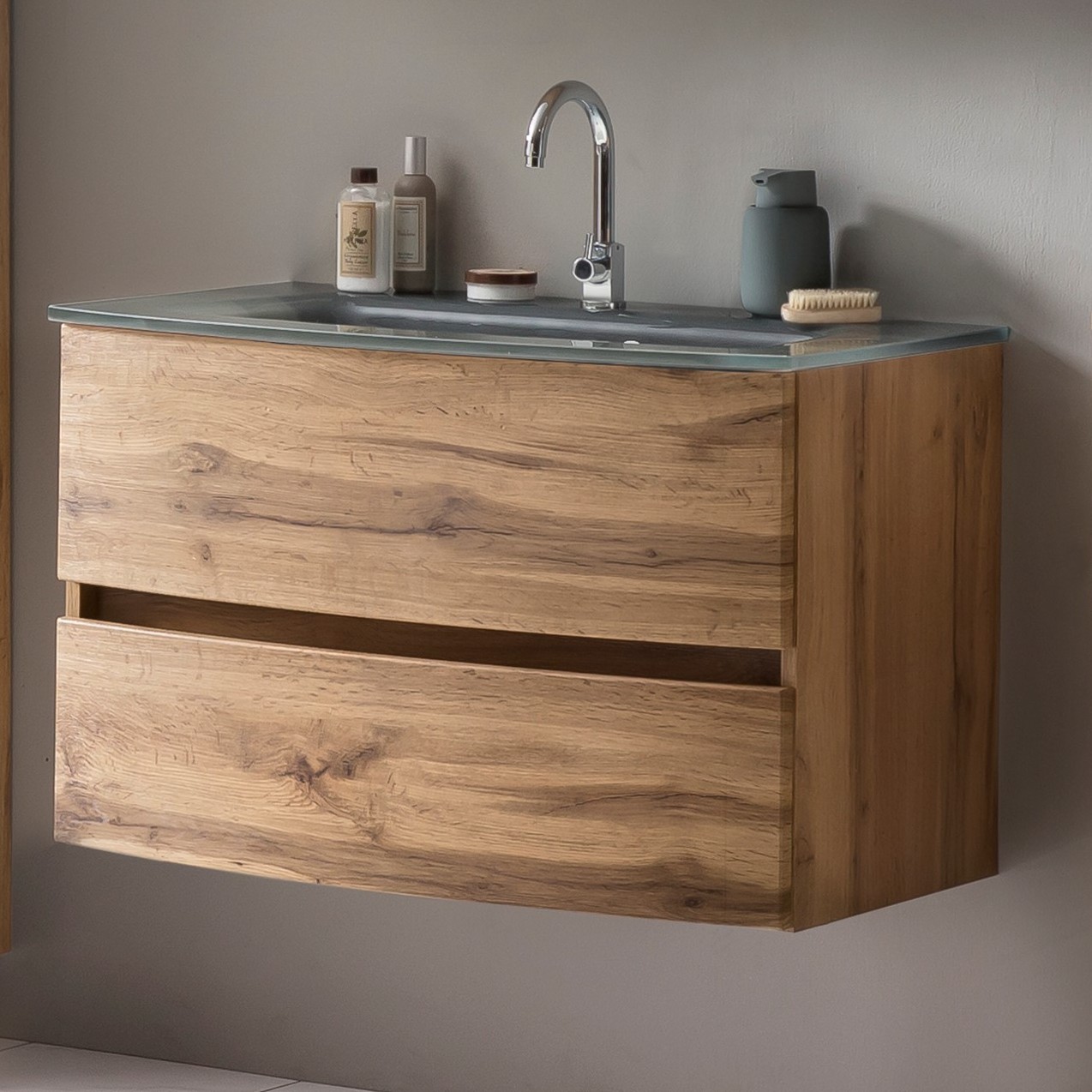 Meuble vasque Kornel 80cm avec vasque grise - chêne