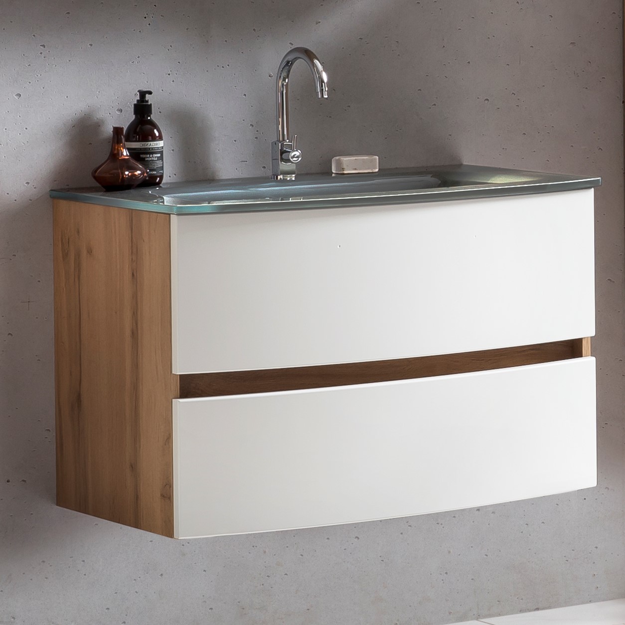 Meuble vasque Kornel 80cm avec vasque grise - chêne/blanc mat