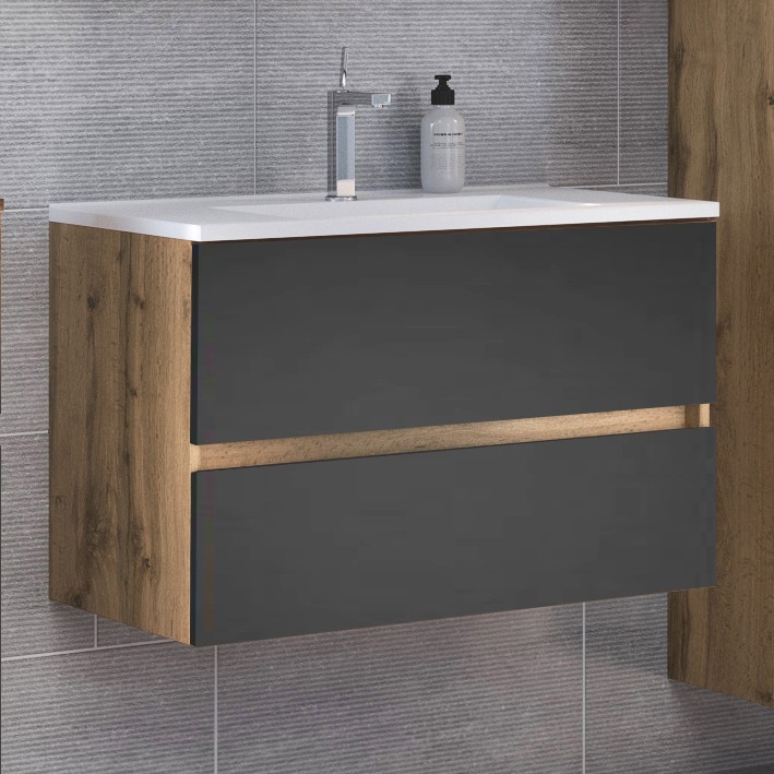 Meuble vasque Luna 100cm 2 tiroirs - chêne/gris