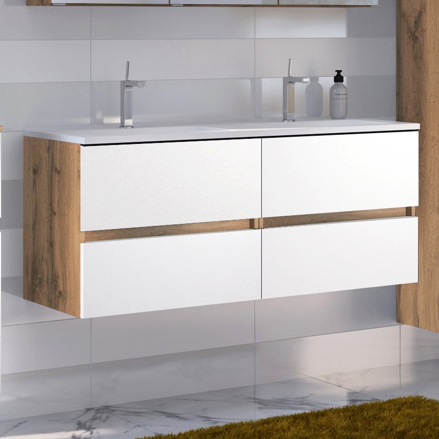 Meuble vasque Luna 120cm avec double vasque et 4 tiroirs - chêne/blanc
