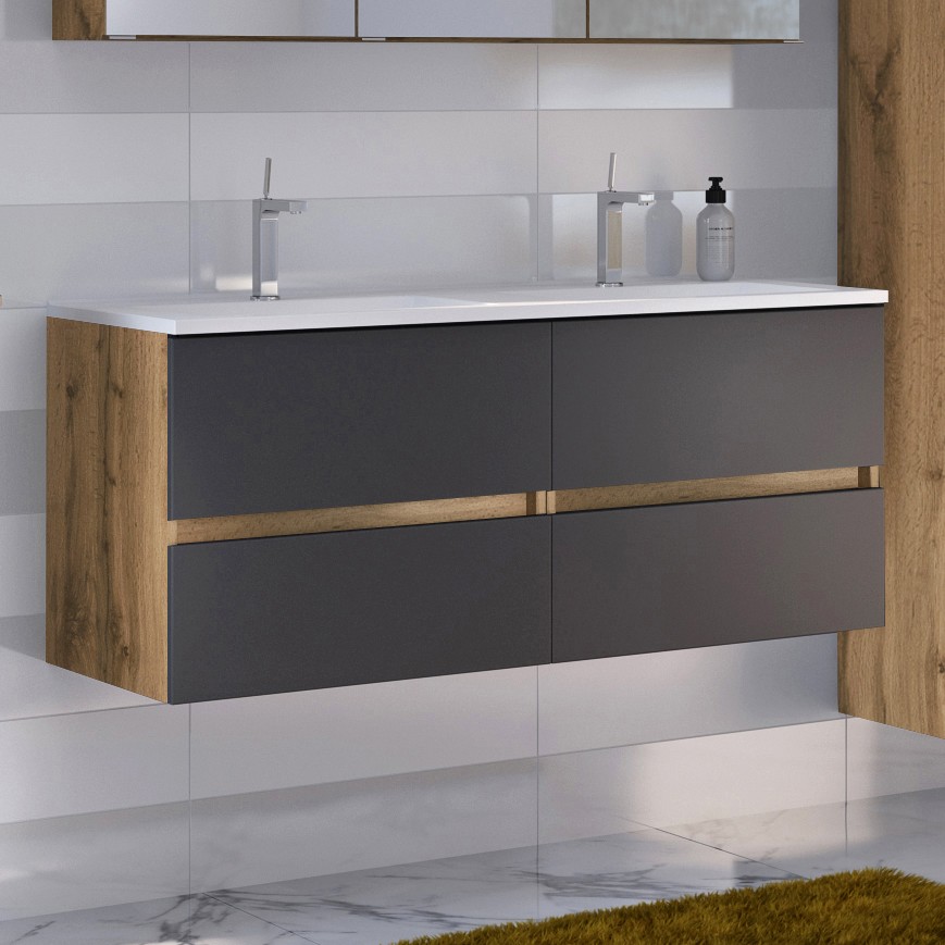 Meuble vasque Luna 120cm avec double vasque et 4 tiroirs - chêne/gris