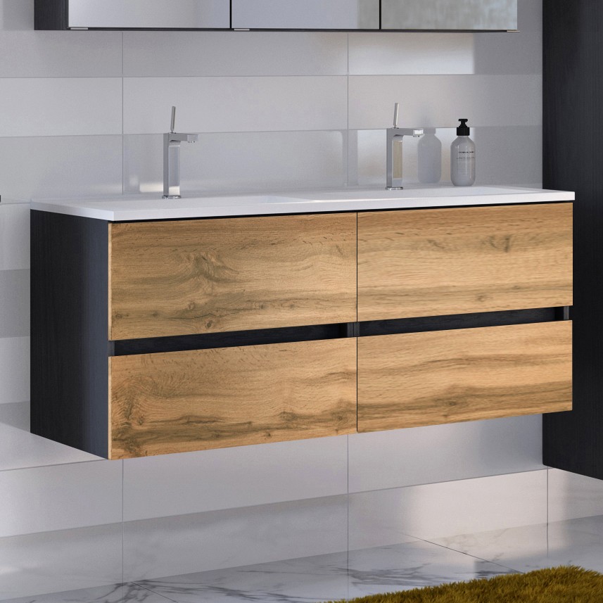 Meuble vasque Luna 120cm avec double vasque et 4 tiroirs - graphite/chêne - Image 1