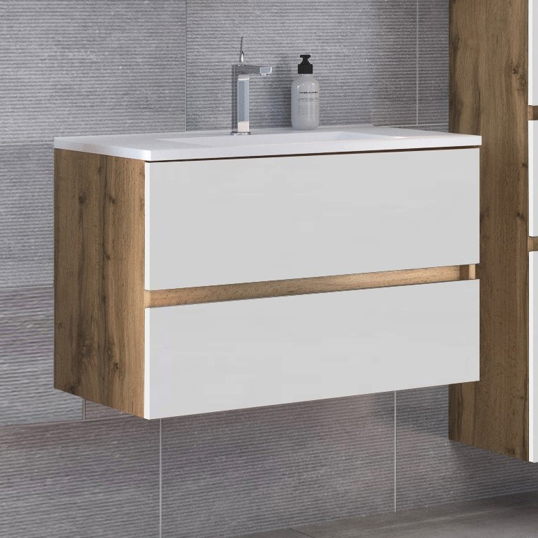 Meuble vasque Luna 80cm 2 tiroirs - chêne/blanc