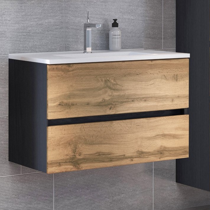 Meuble vasque Luna 80cm 2 tiroirs - graphite/chêne - Image 1