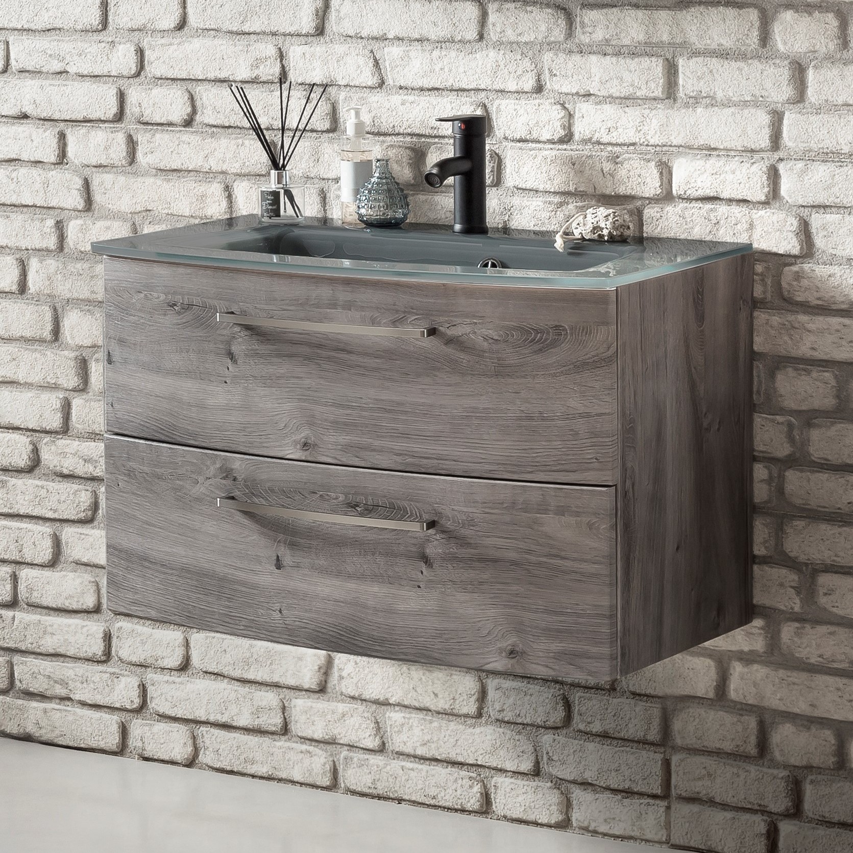 Meuble vasque Stivan 80cm avec vasque grise - chêne gris