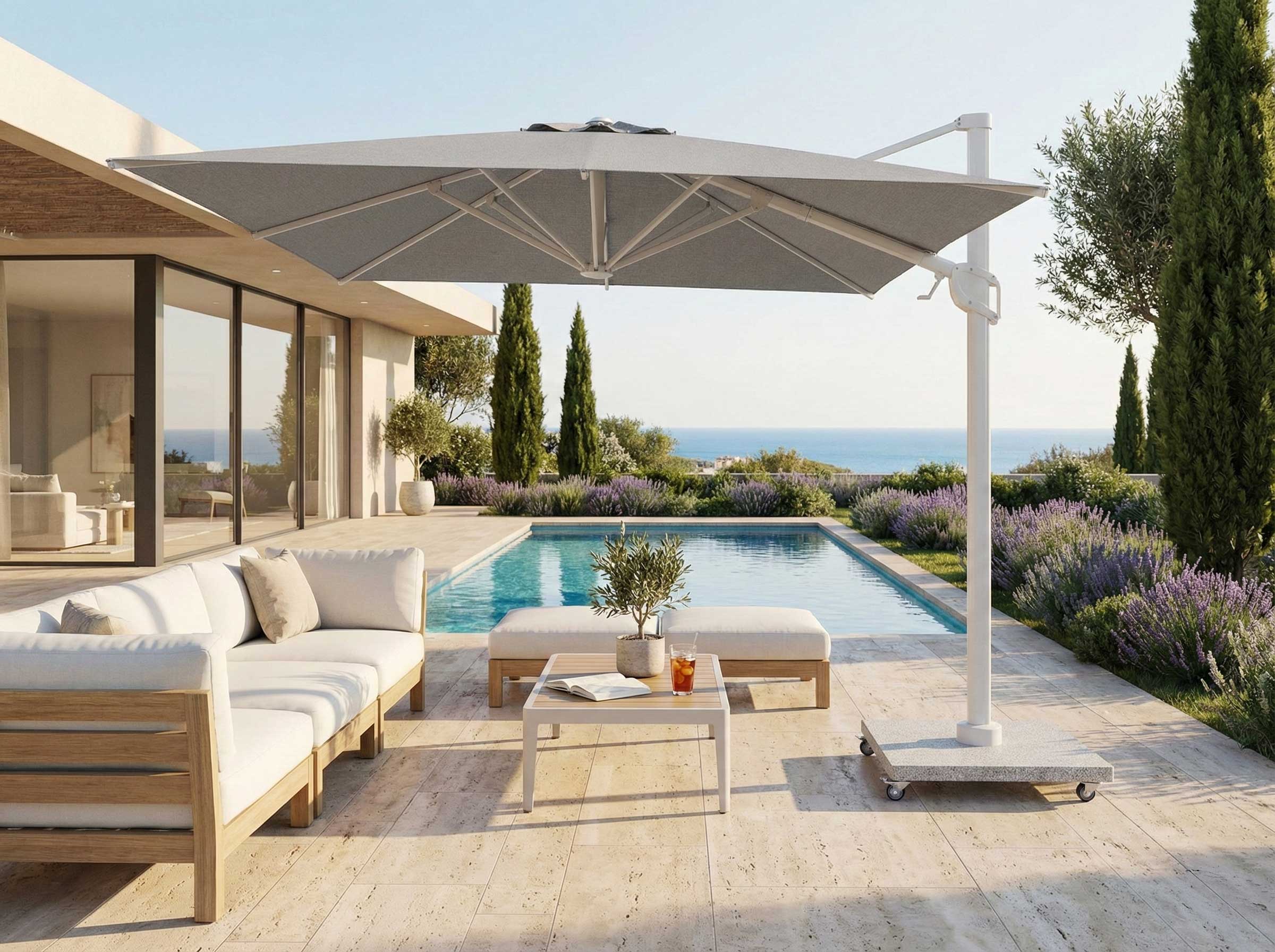 Parasol Bryce 300x300cm avec base - blanc/gris - Image 4