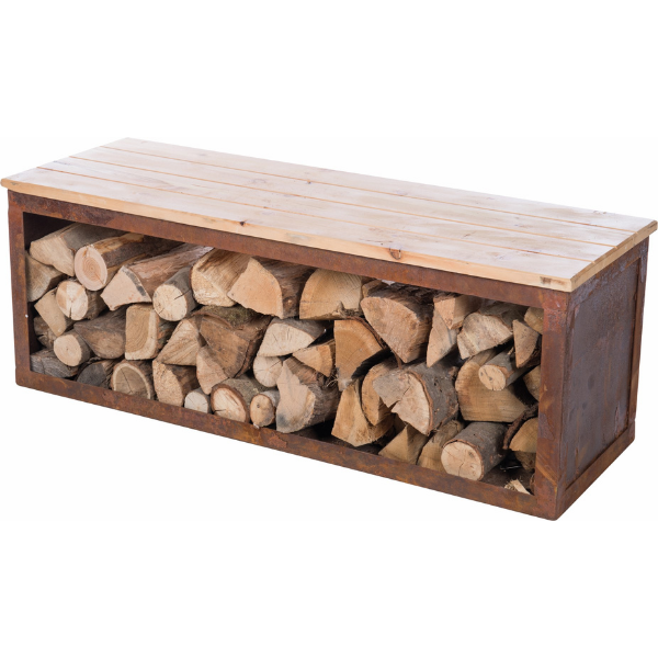 Range-bûches Elara avec banc 120x40x42cm acier et bois - rouille - Image 3