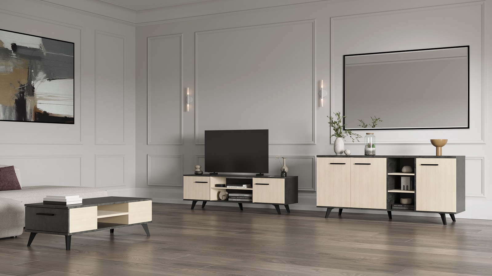 Salon Kent: meuble tv, table basse, bahut - décor chêne/anthracite