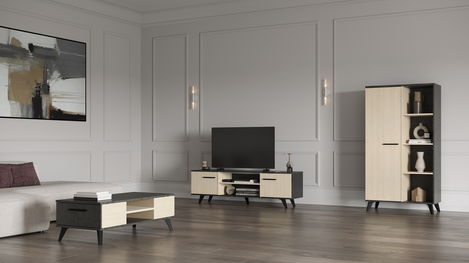 Salon Kent: meuble tv, table basse, vaisselier - décor chêne/anthracite