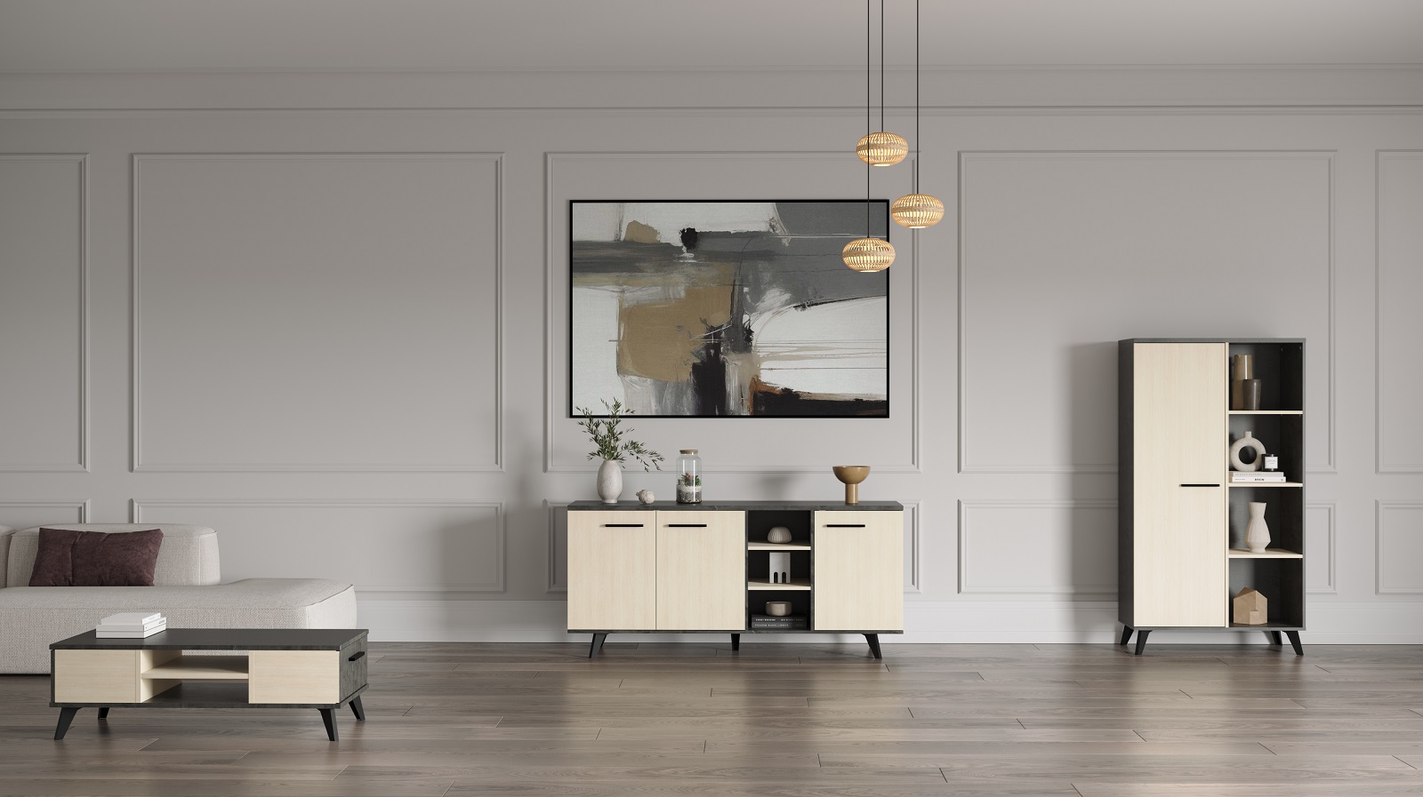 Salon Kent: table basse, vaisselier, bahut - décor chêne/anthracite