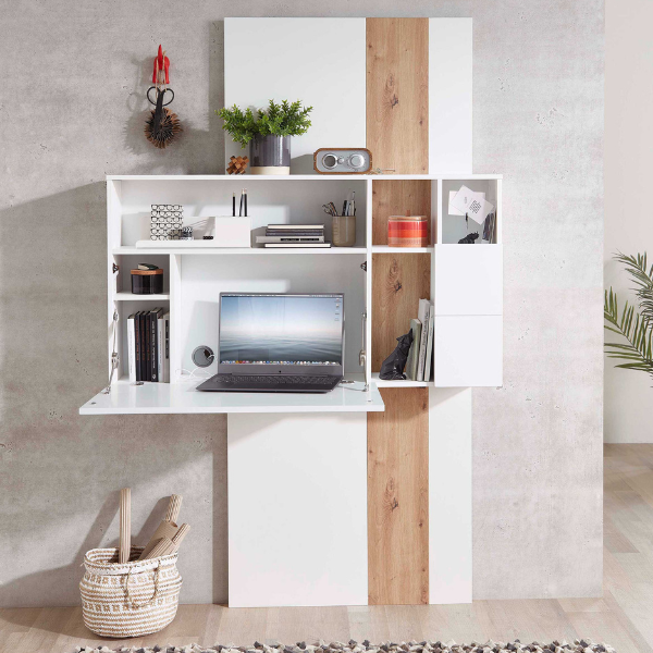 Secretaire Inovo 120cm 1 porte - blanc/chêne - Image 1