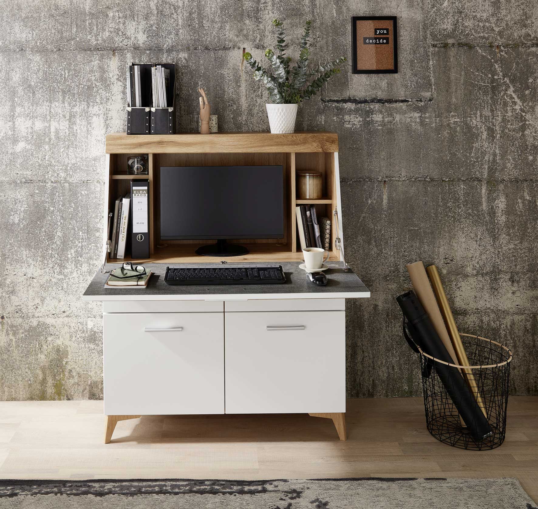 Secrétaire Vanya avec 3 portes & 2 tiroirs - blanc/chêne - Image 7