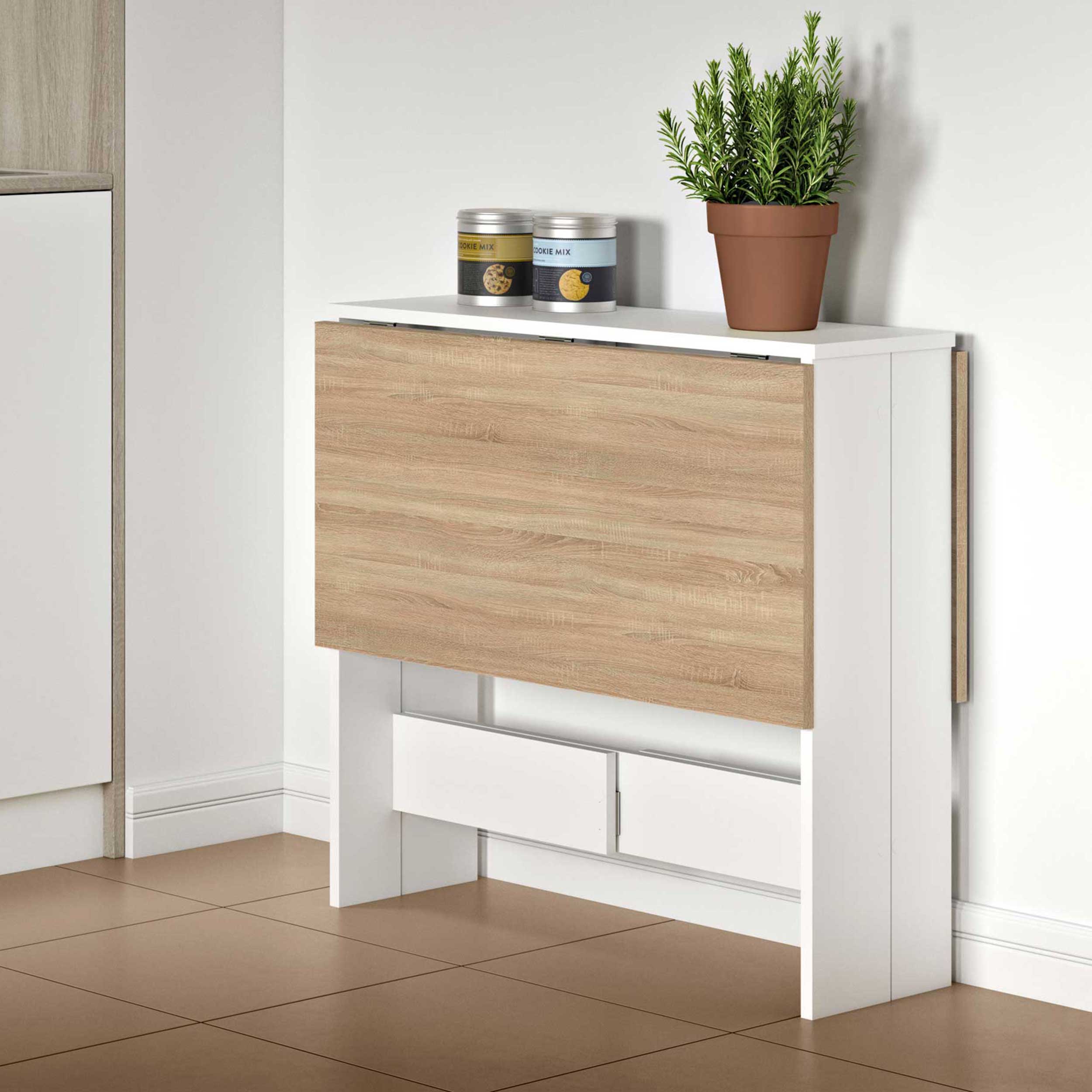 Table à manger pliable Papillon 103 cm - blanc/chêne - Image 1