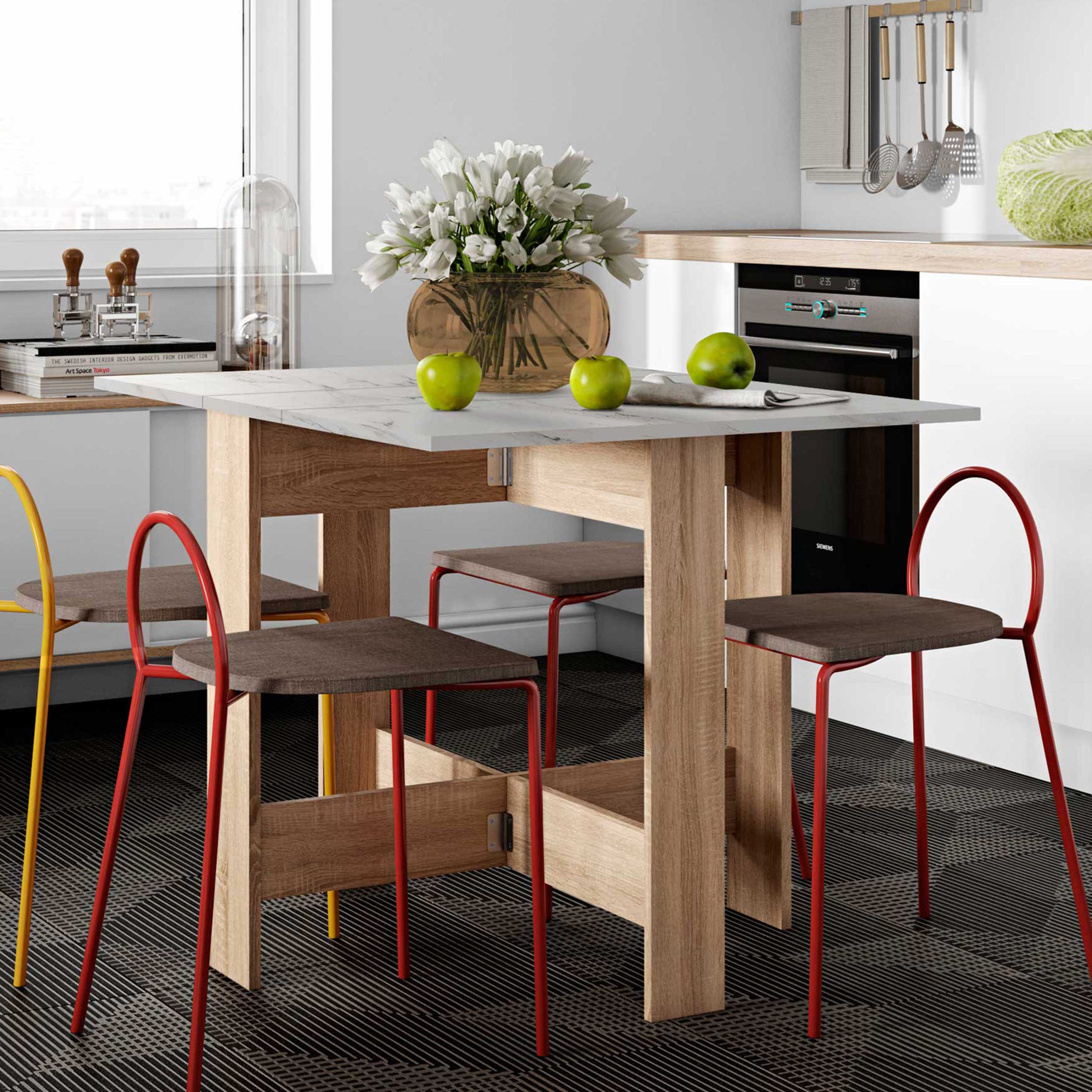 Table à manger pliable Papillon 103 cm - chêne/marbre