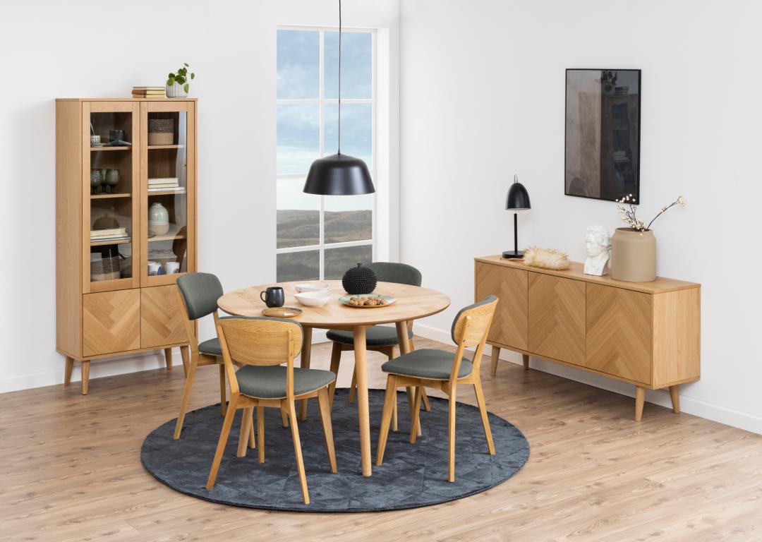 Table à manger ronde Nalini 120x120cm chevrons, chêne et placage de chêne - Image 6