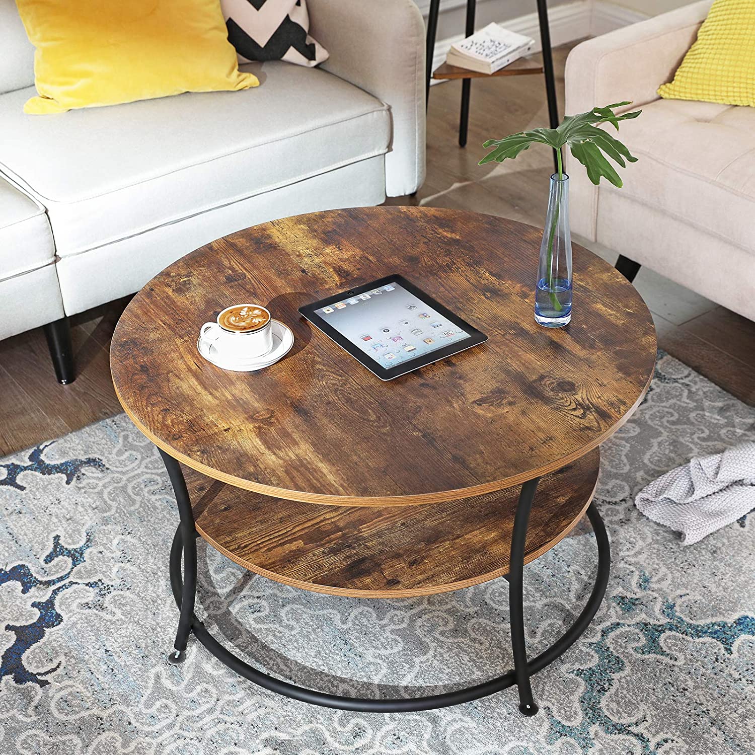 Table basse Joanne Ø80 1 tablette - brun rustique/noir