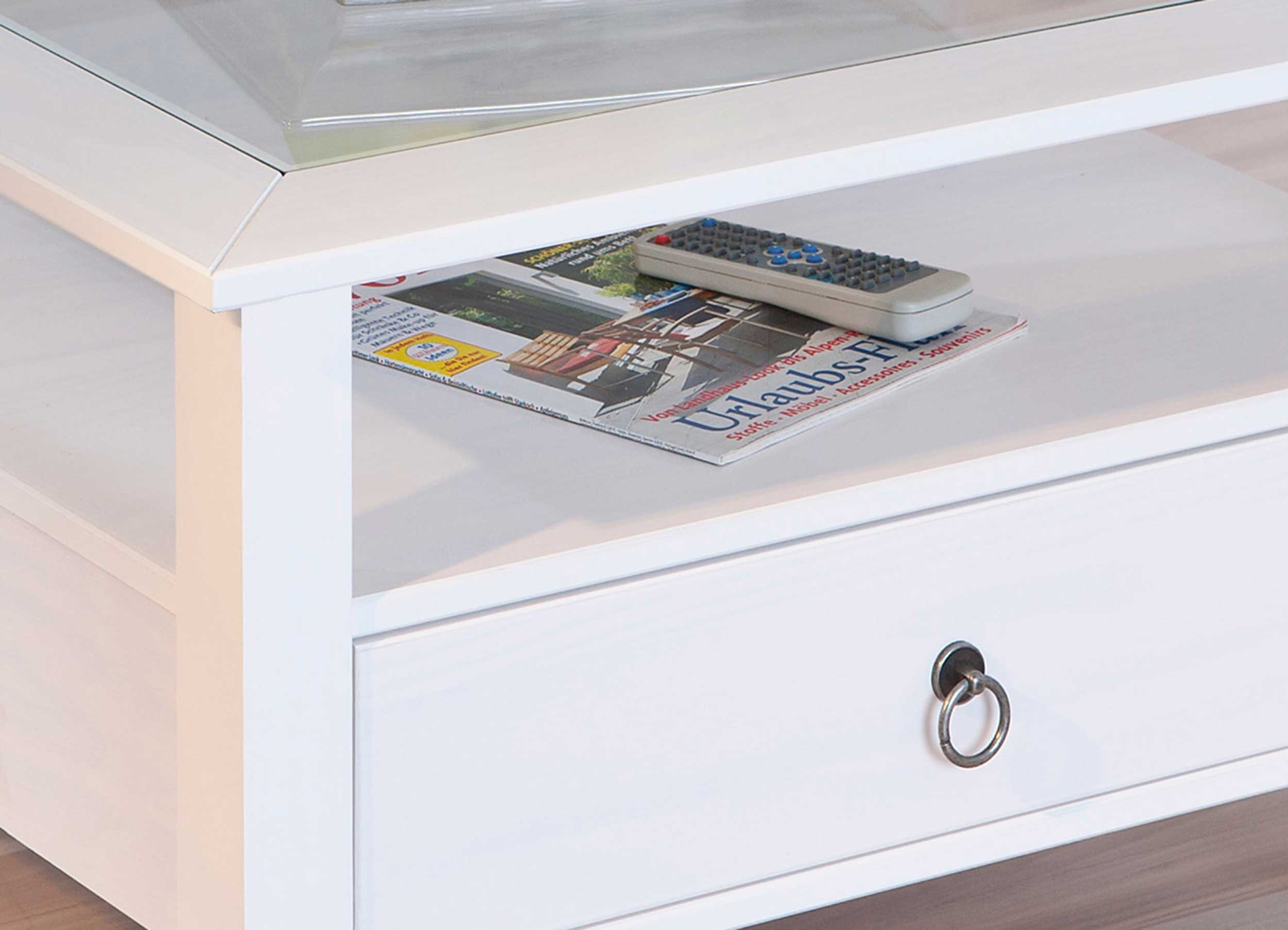 Table basse Provence 115x60 avec 2 tiroirs pin massif - blanc - Image 4