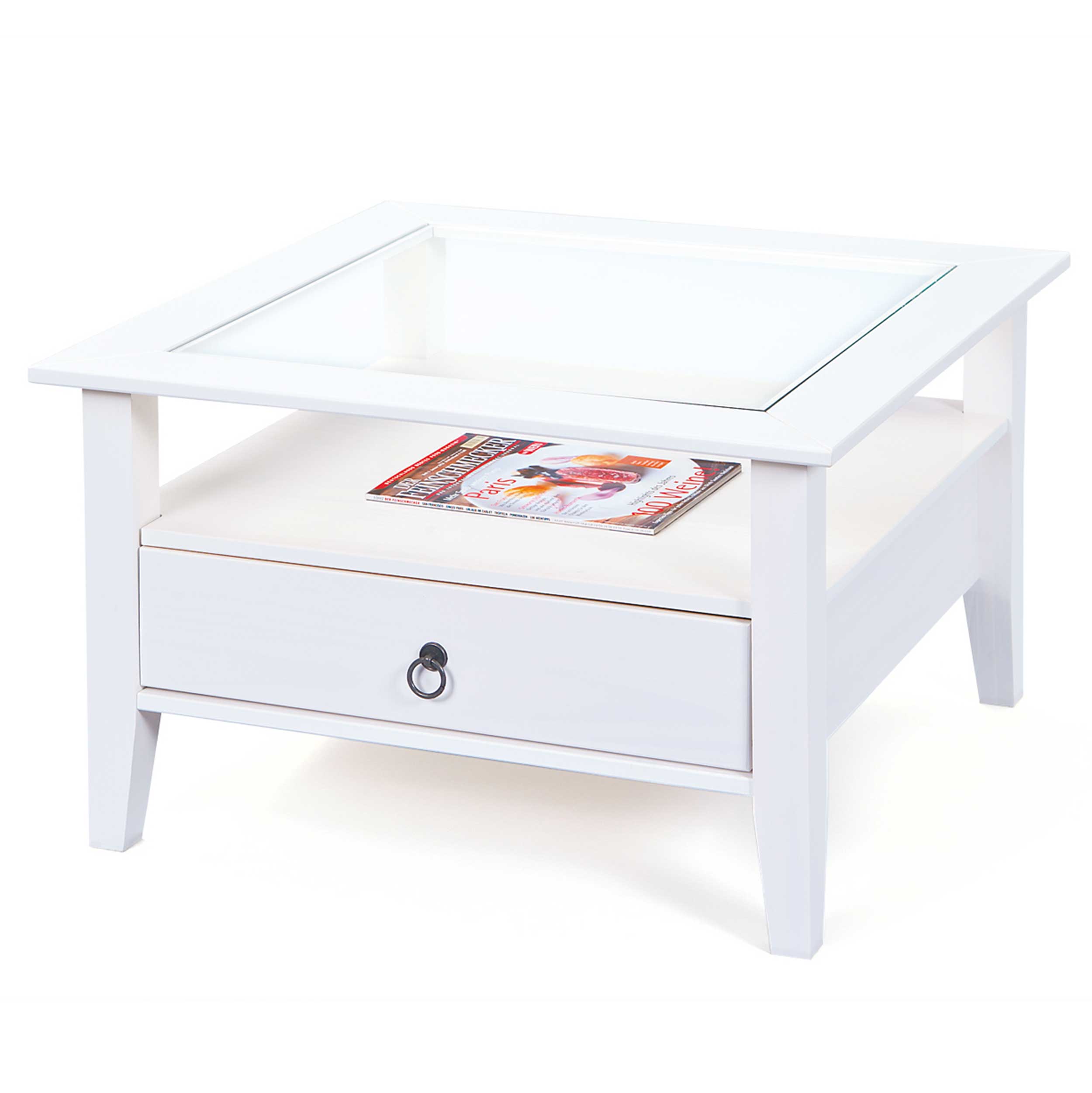 Table basse Provence 75x75 avec 1 tiroir pin massif - blanc - Image 10