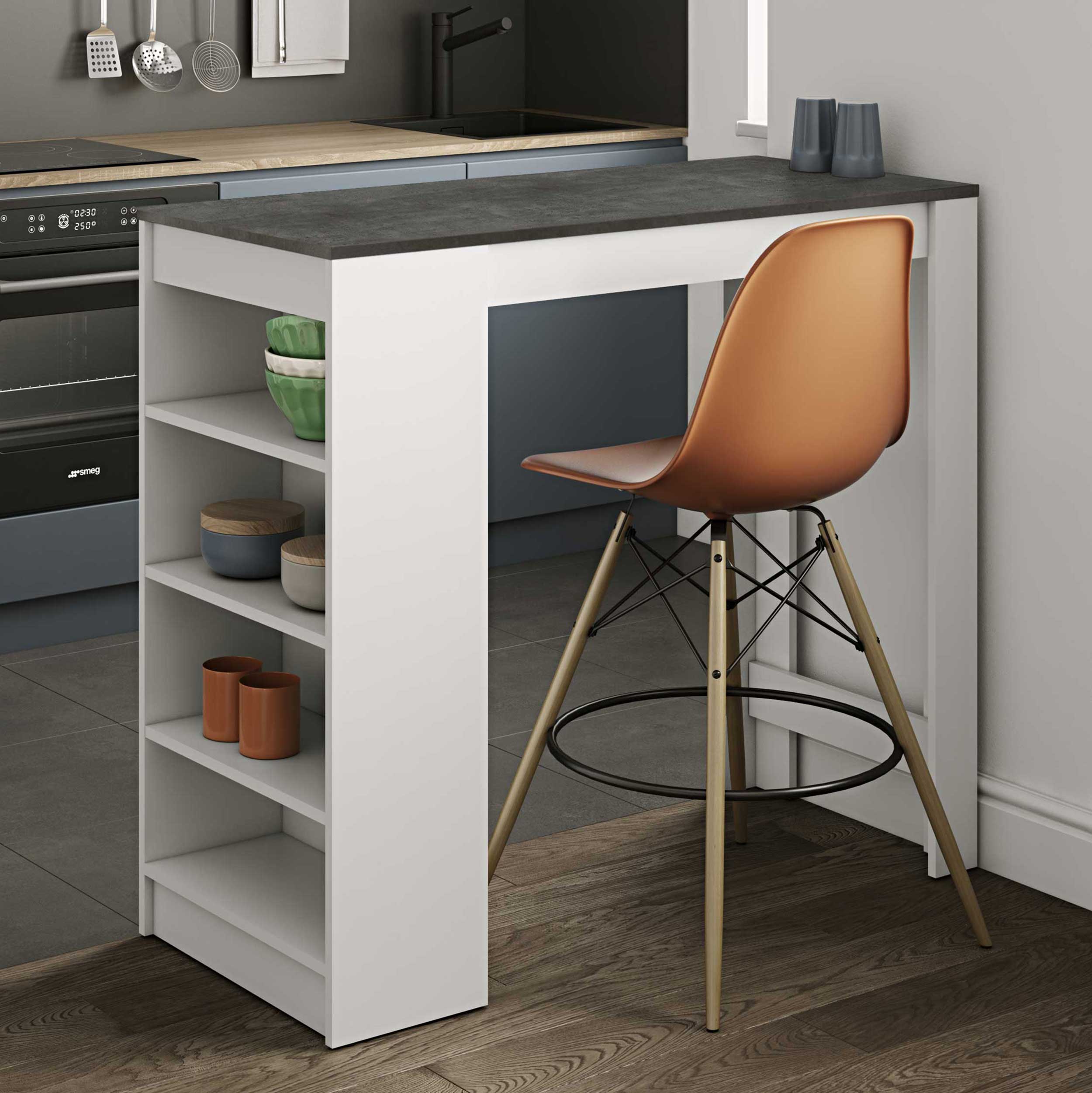 Table de bar Aravis 115x50 avec rangement - blanc/béton - Image 1