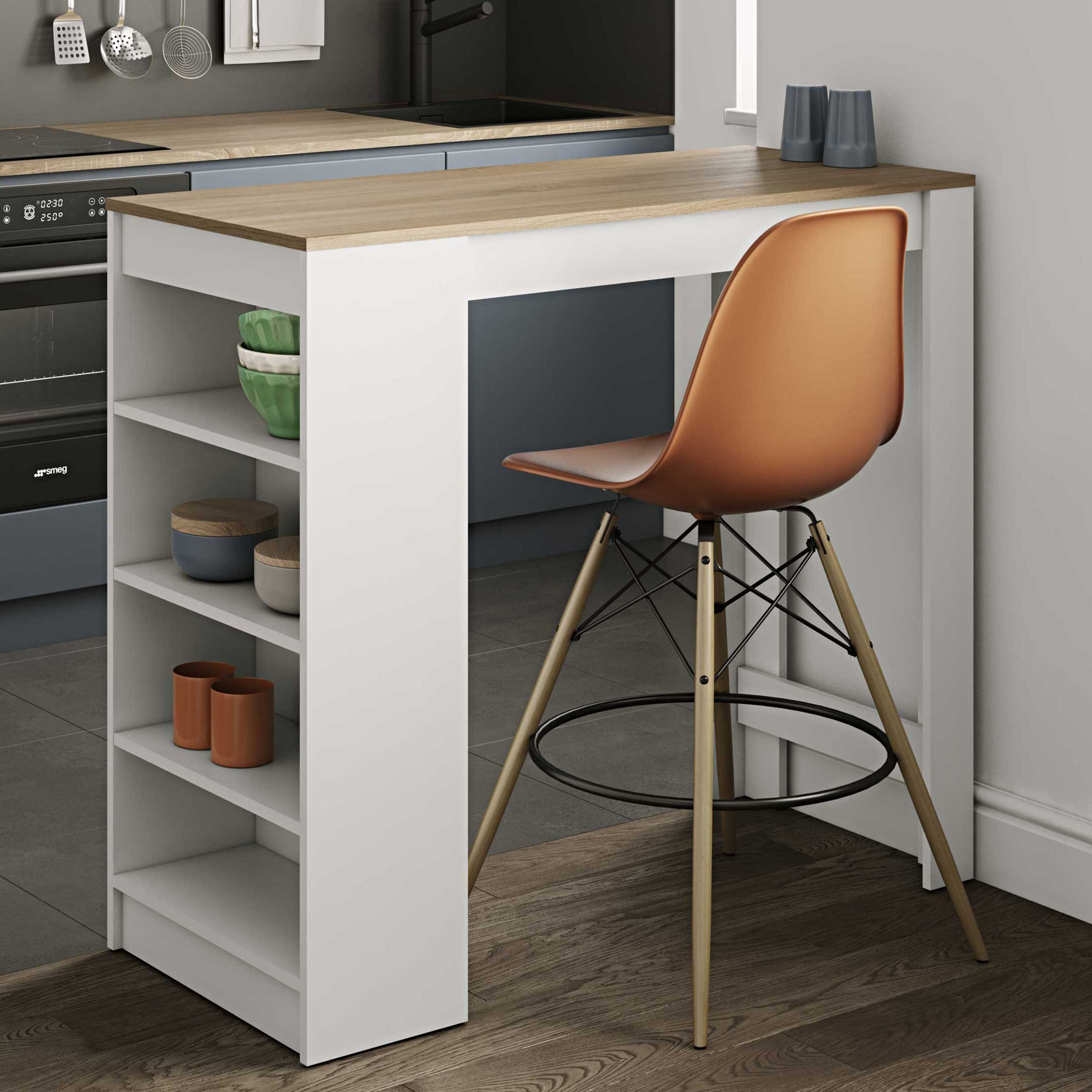 Table de bar Aravis 115x50 avec rangement - blanc/chêne - Image 1