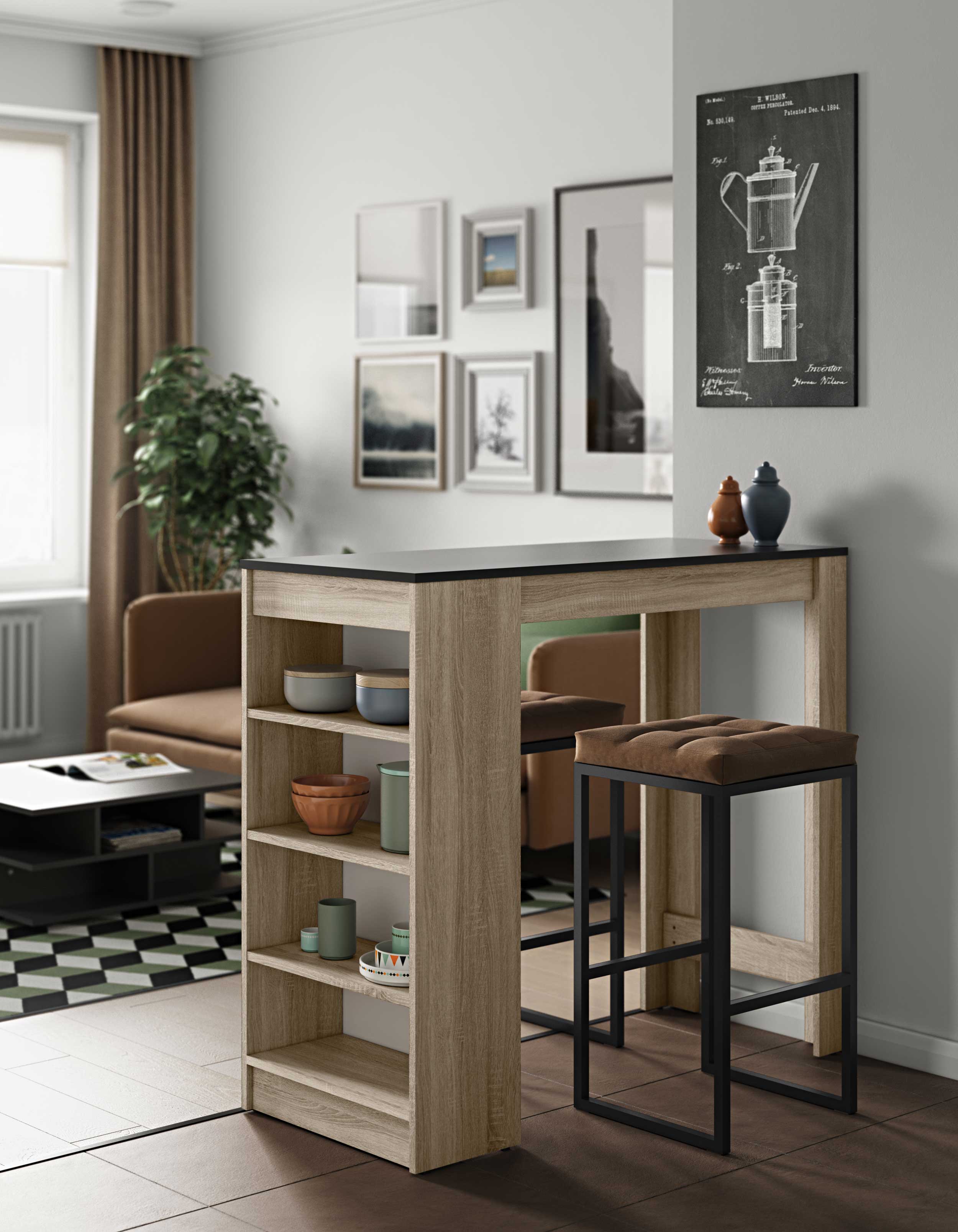 Table de bar Aravis 115x50 avec rangement - chêne/noir - Image 7