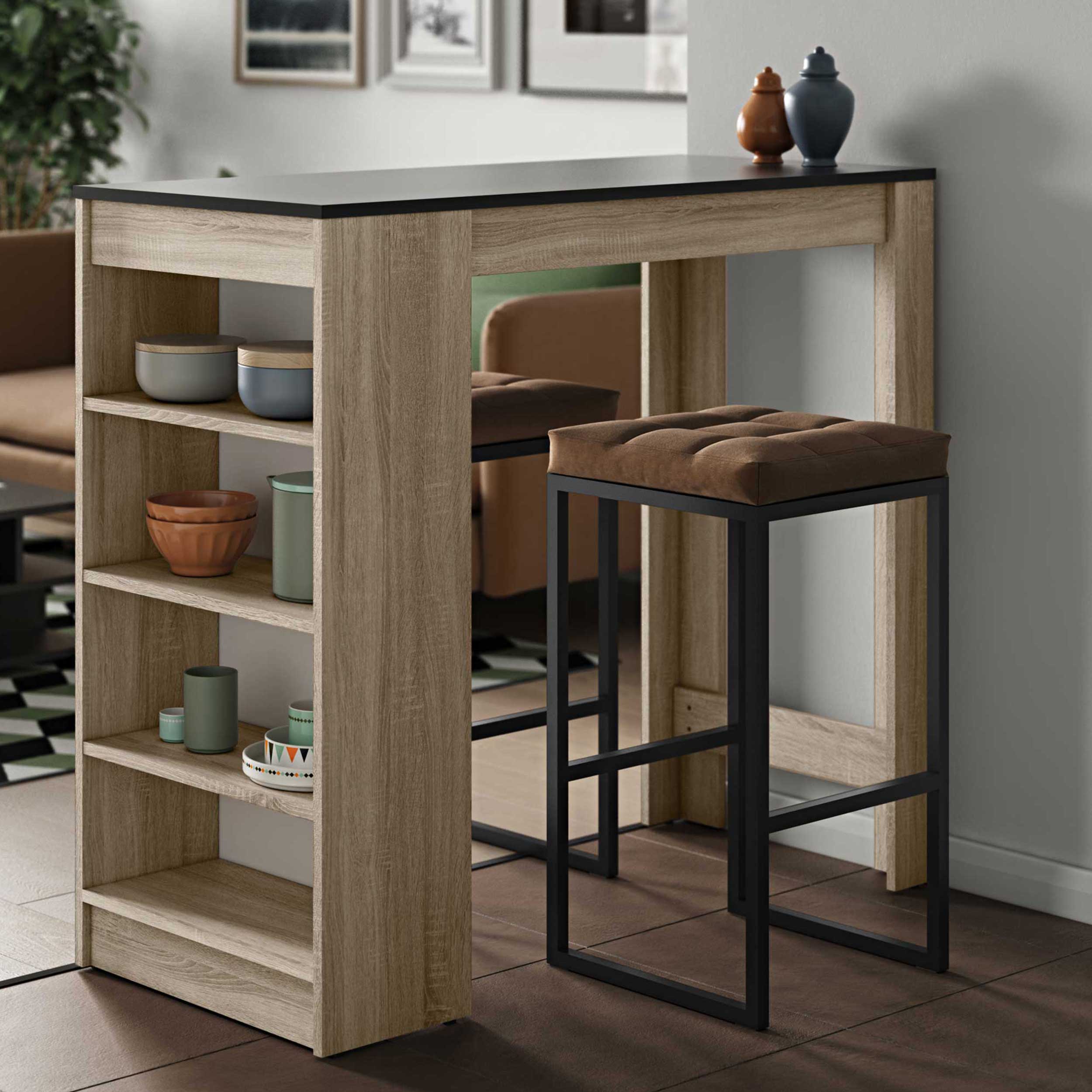 Table de bar Aravis 115x50 avec rangement - chêne/noir - Image 1