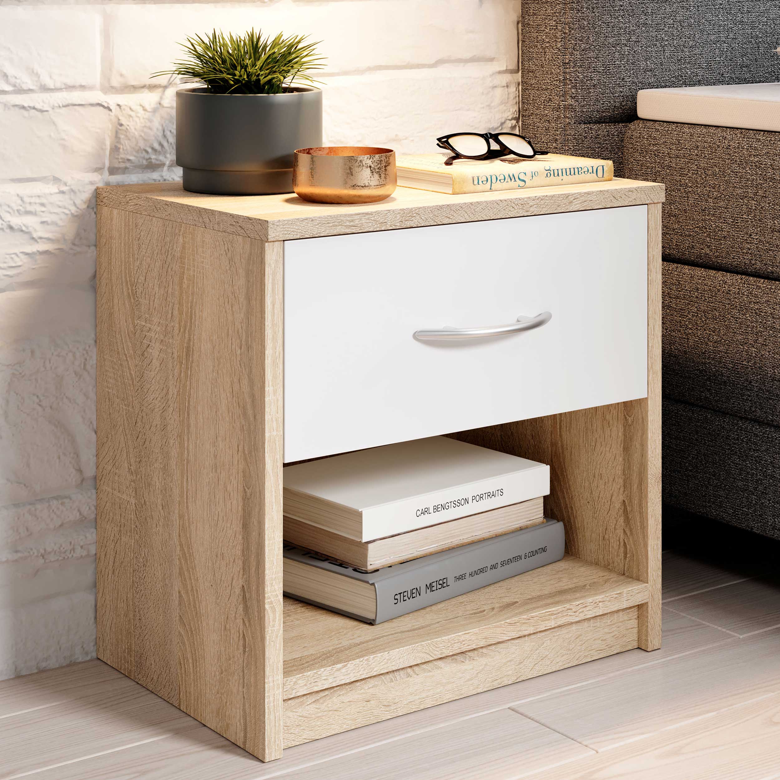 Table de chevet Beppu avec 1 tiroir - chêne/blanc