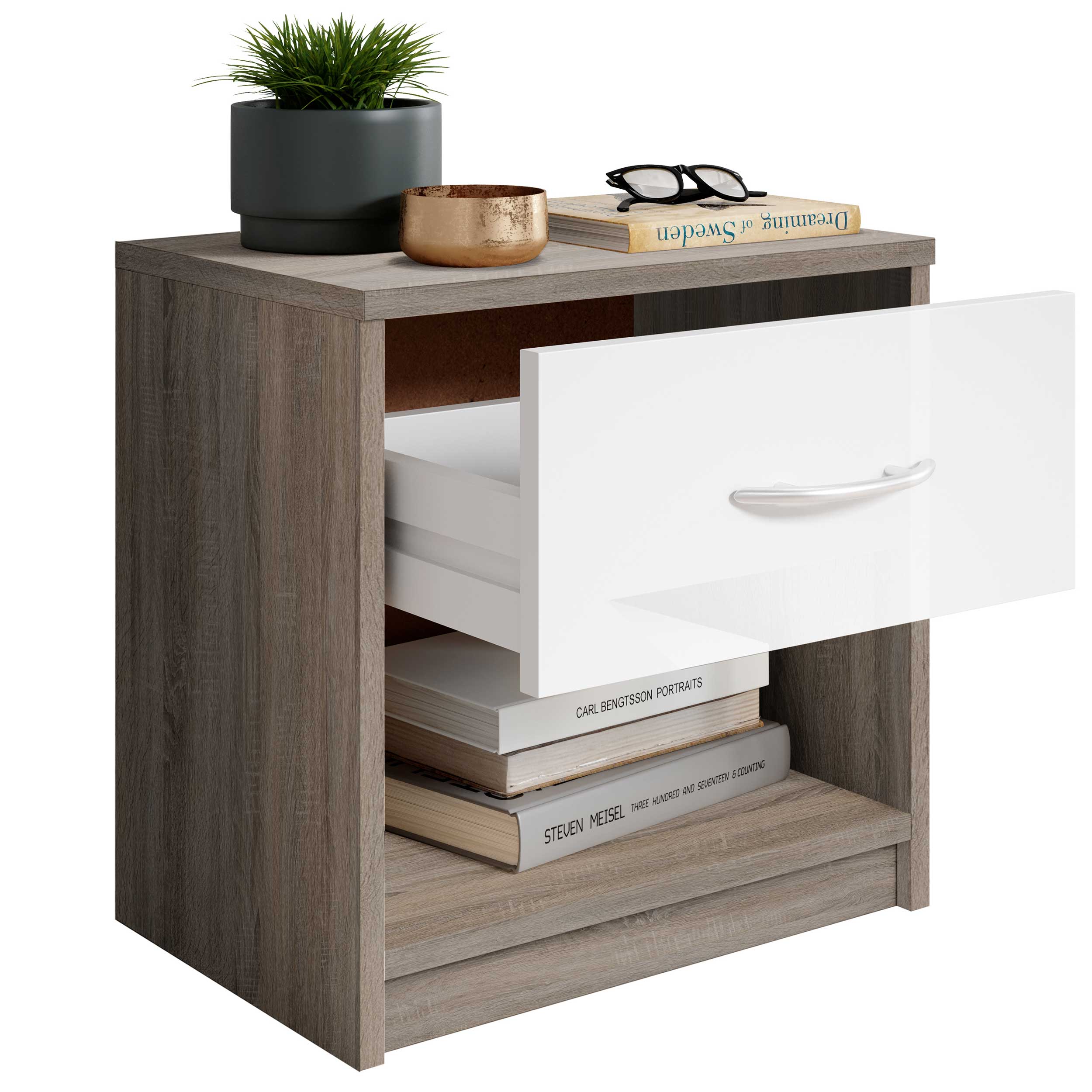 Table de chevet Beppu avec 1 tiroir - gris/blanc - Image 2