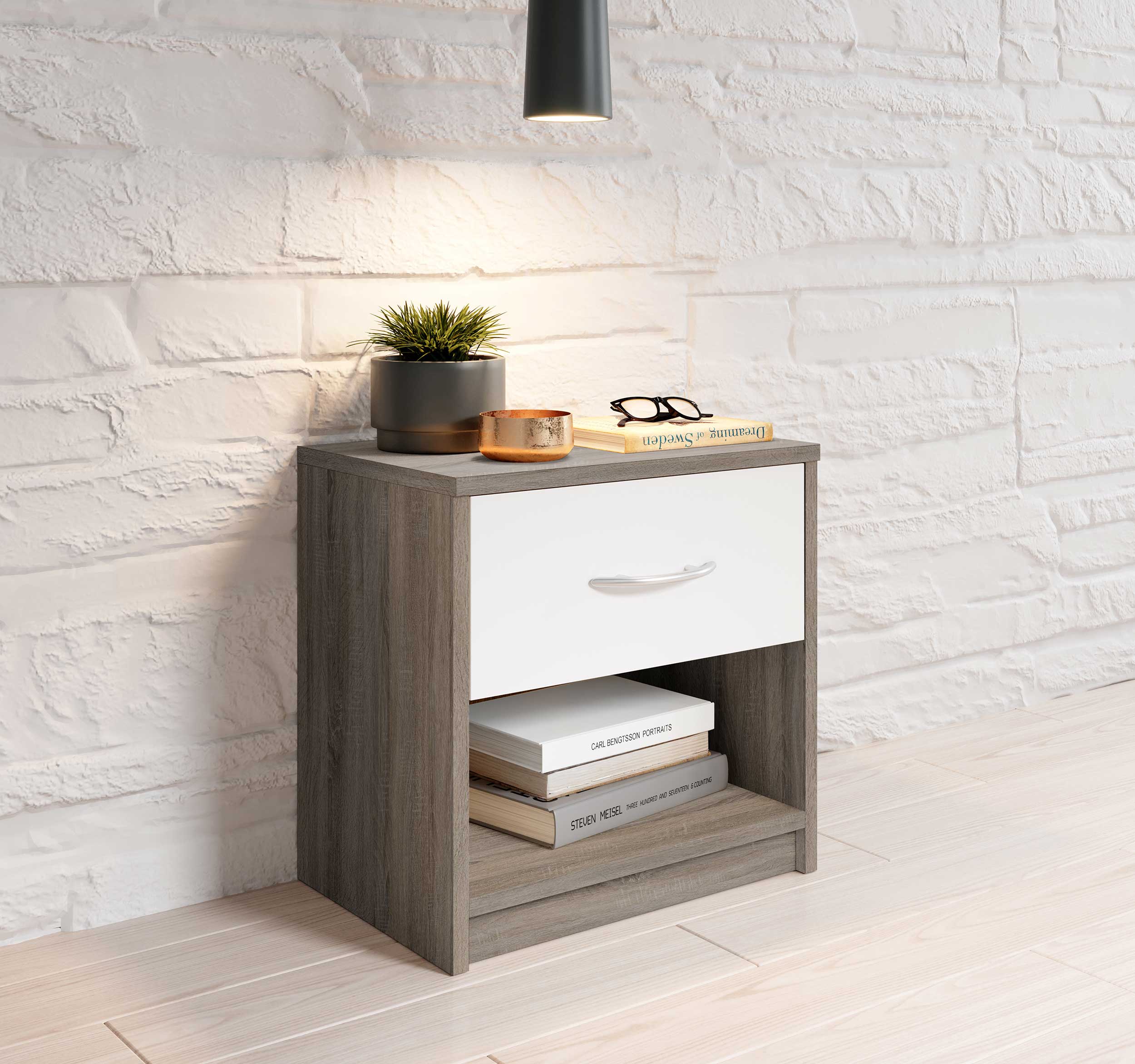 Table de chevet Beppu avec 1 tiroir - gris/blanc - Image 4