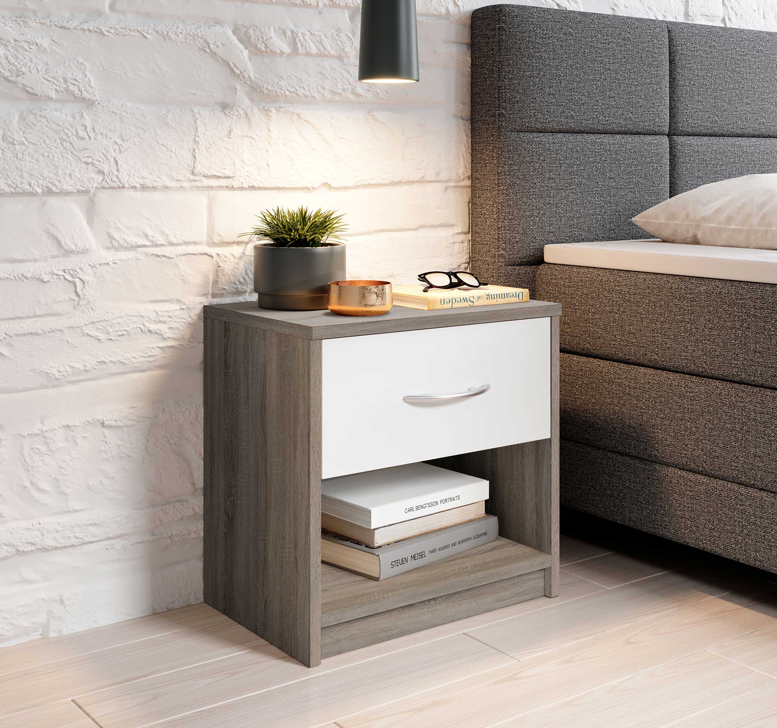 Table de chevet Beppu avec 1 tiroir - gris/blanc - Image 5