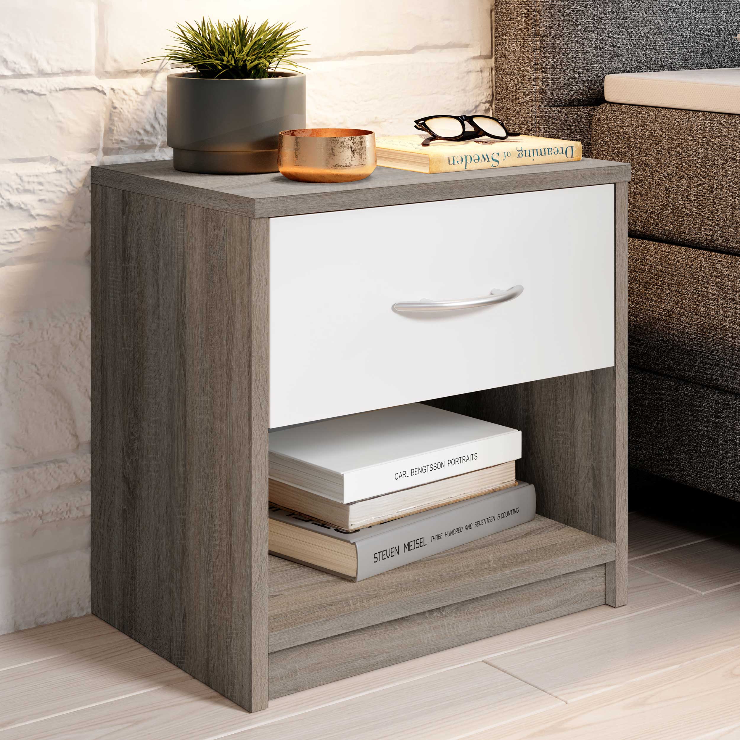 Table de chevet Beppu avec 1 tiroir - gris/blanc - Image 1