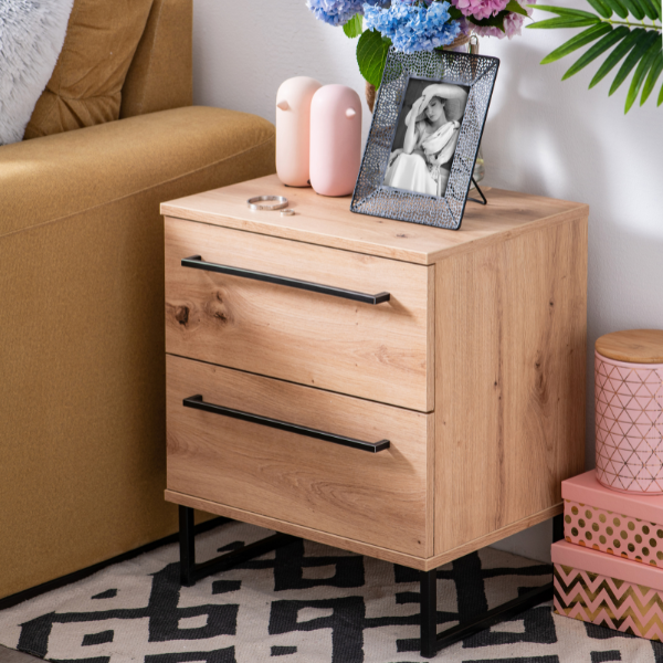 Table de chevet Hoggas avec deux tiroirs - chêne/noir - Image 2