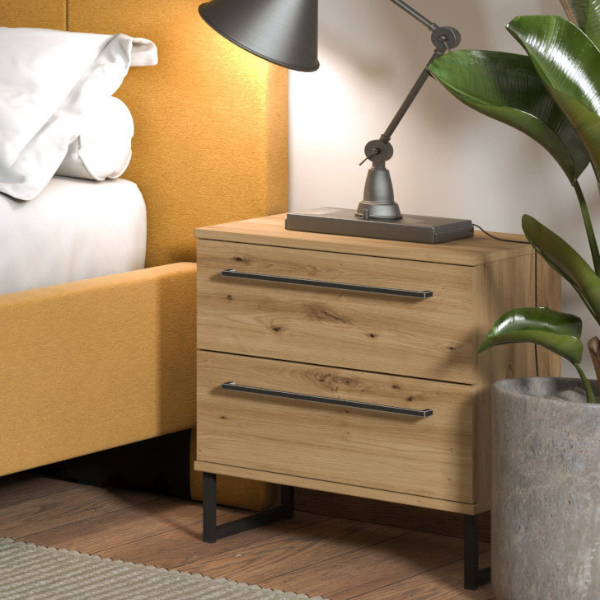 Table de chevet Hoggas avec deux tiroirs - chêne/noir