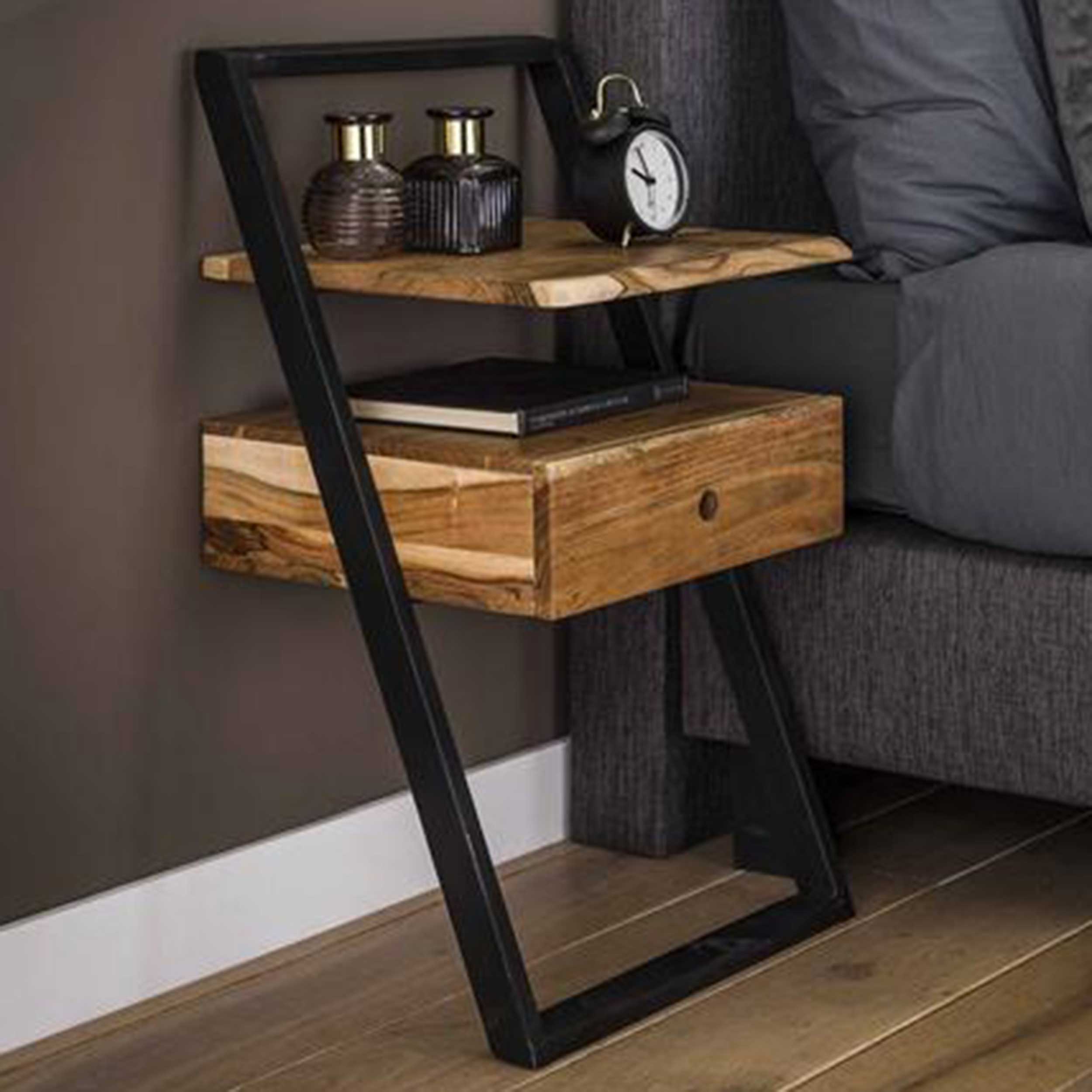 Table de chevet Loku 45cm, 1 tiroir - bois d'acacia massif/métal