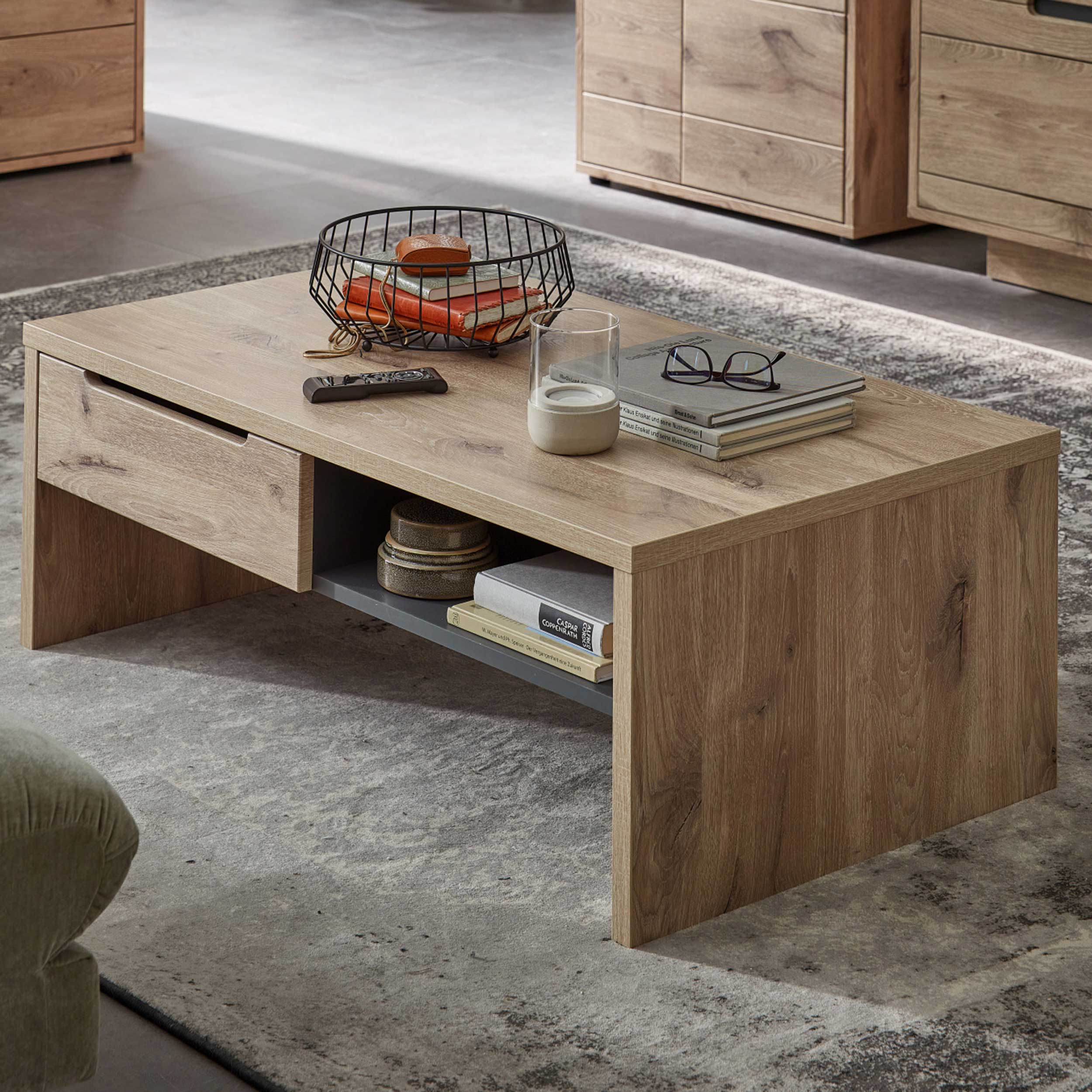 Table de salon Bellini 110x65cm avec tiroir de rangement - chêne/anthracite - Image 1