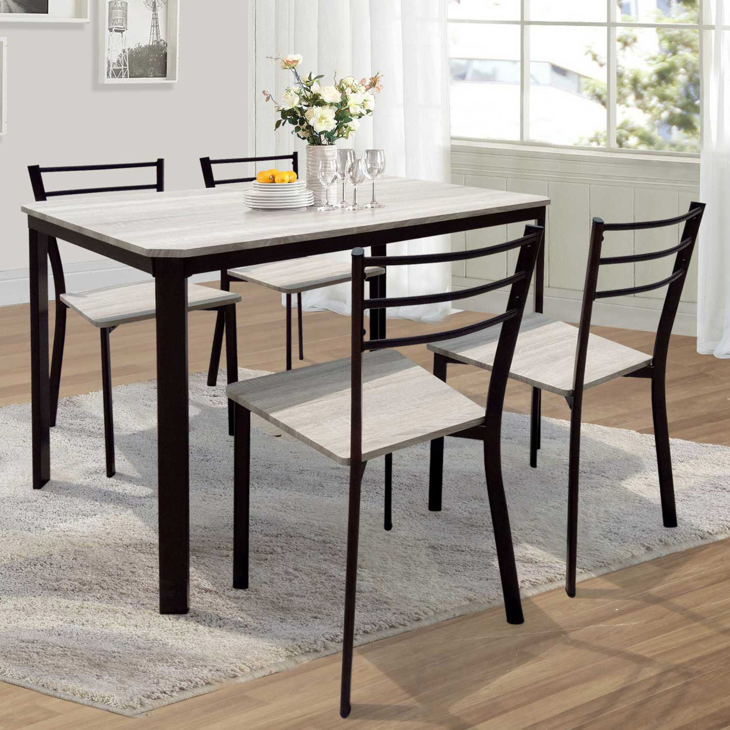 Table et chaises Lily, 4 chaises - beige/noir