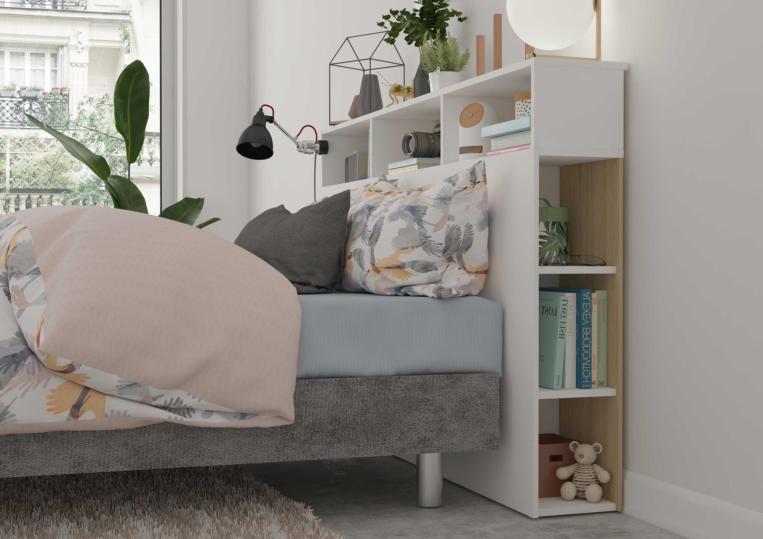 Tête de lit avec espace de rangement Keith 162cm - blanc/ chêne clair - Image 3