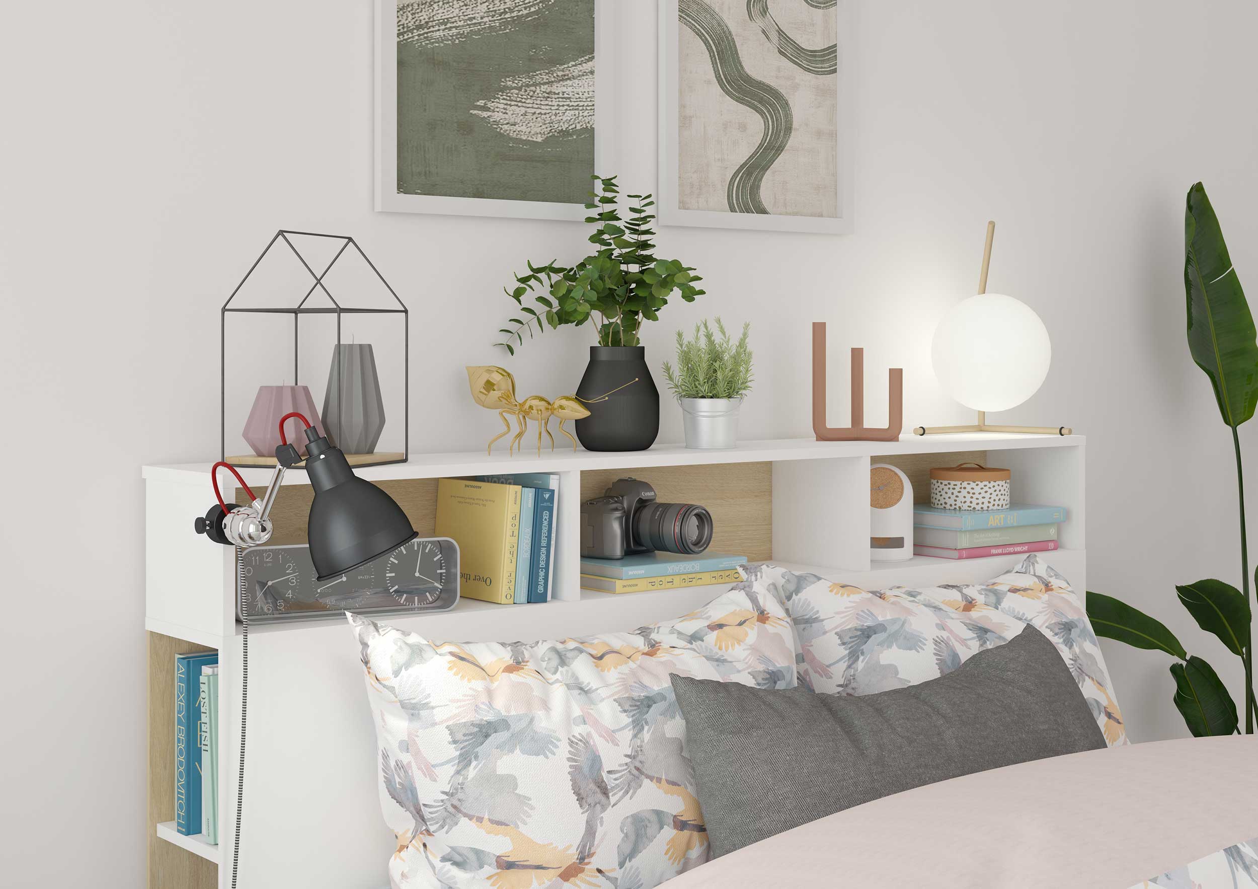 Tête de lit avec espace de rangement Keith 162cm - blanc/ chêne clair - Image 5