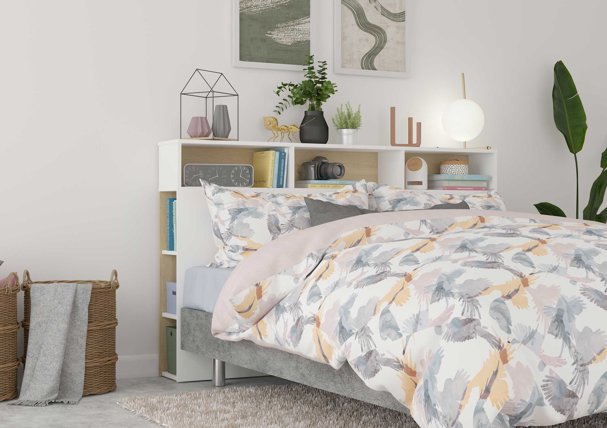 Tête de lit avec espace de rangement Keith 162cm - blanc/ chêne clair