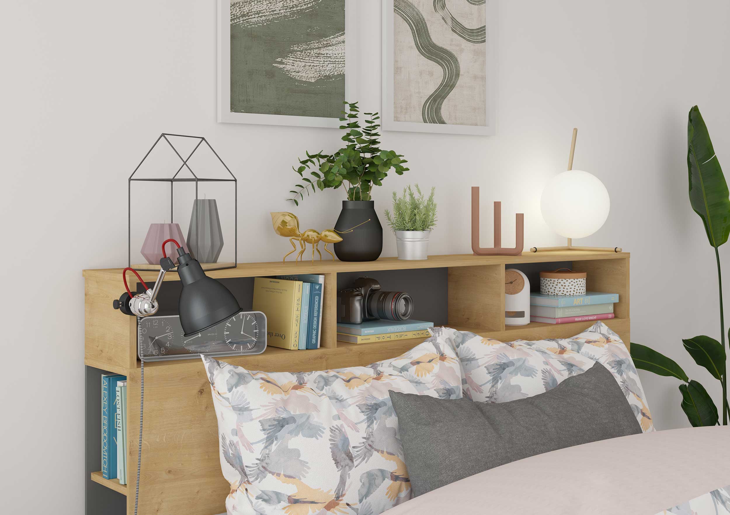 Tête de lit avec espace de rangement Keith 162cm - chêne clair/ noir - Image 5