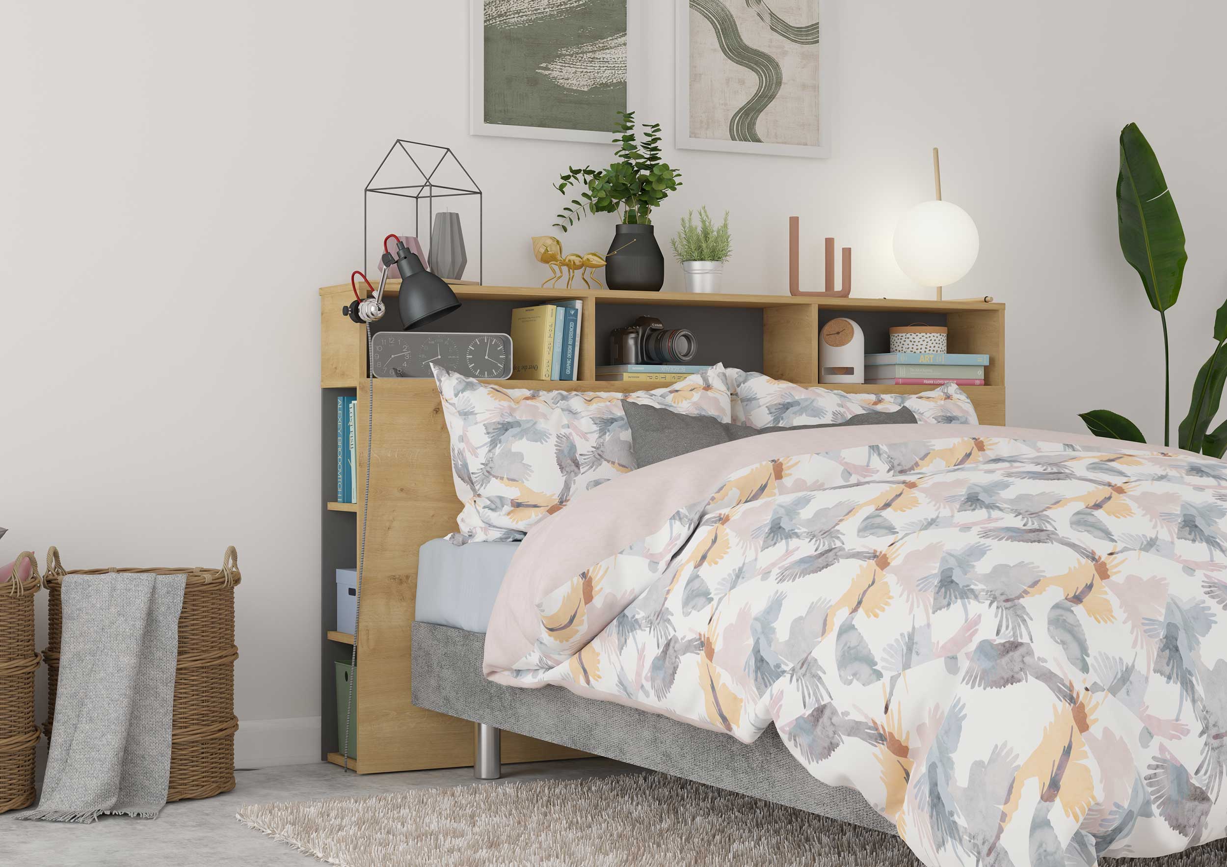 Tête de lit avec espace de rangement Keith 162cm - chêne clair/ noir