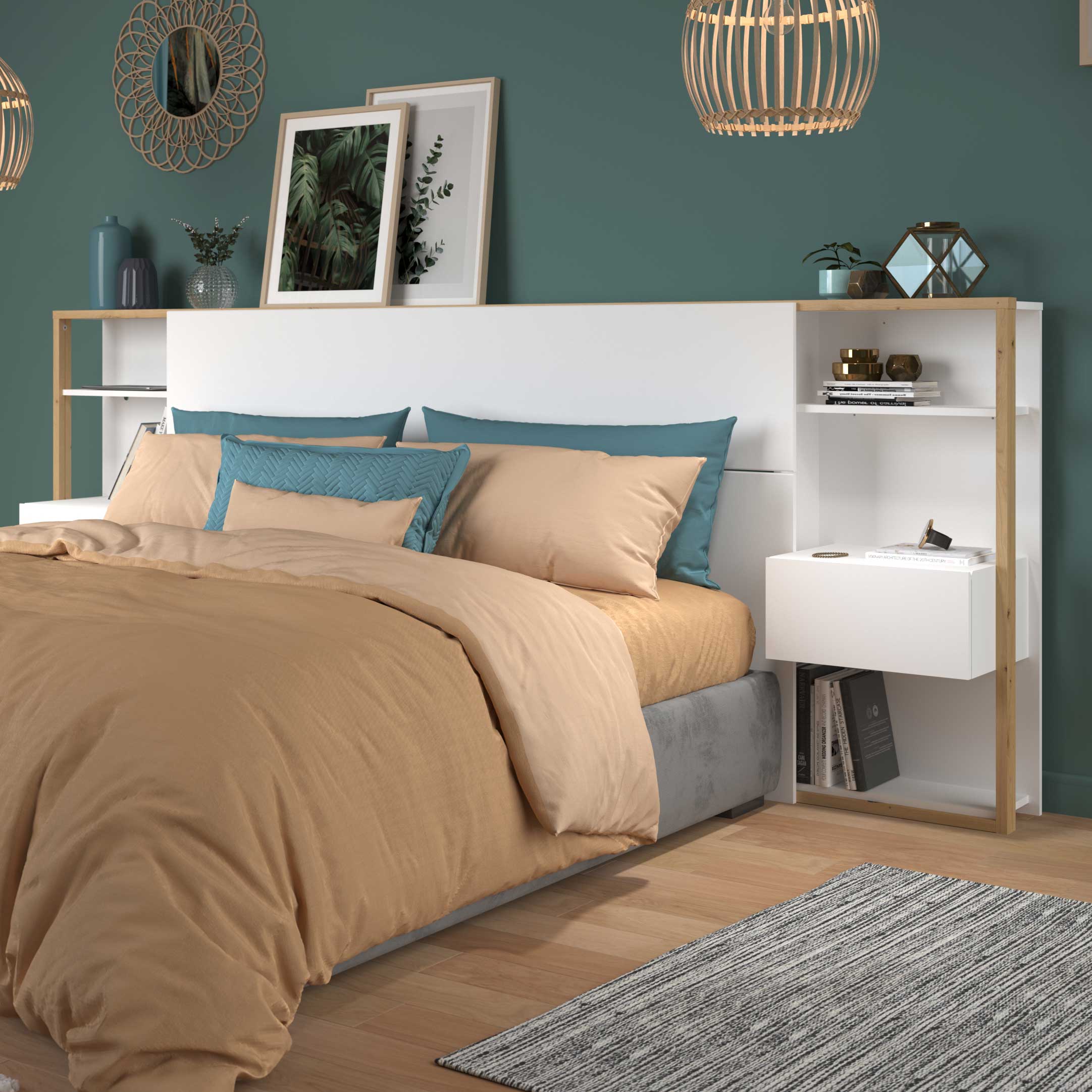 Tête de lit Stamp 2 tiroirs - blanc/chêne artisan