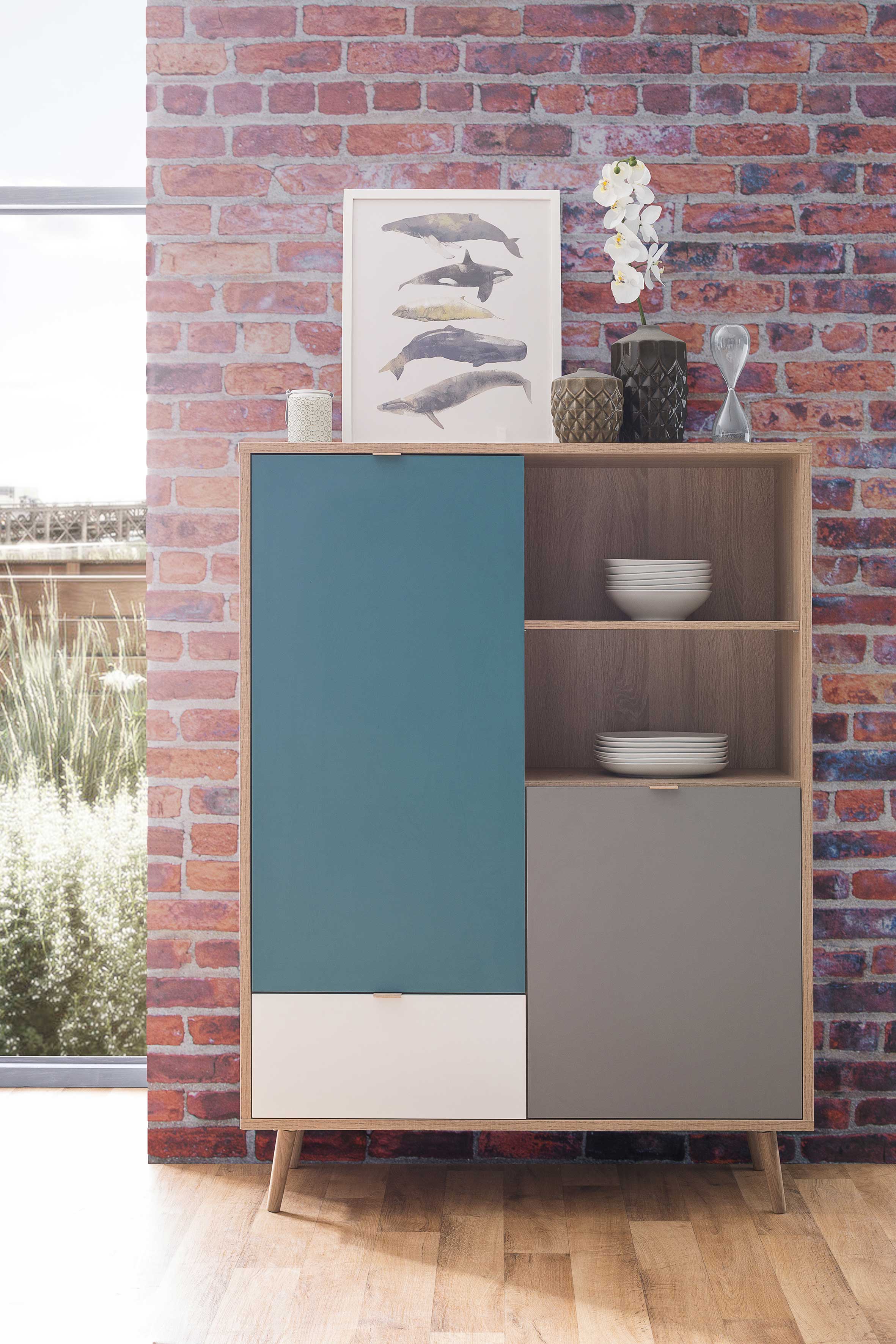 Vaisselier Cuba 103cm, 2 portes et 1 tiroir - bleu/blanc/gris - Image 4