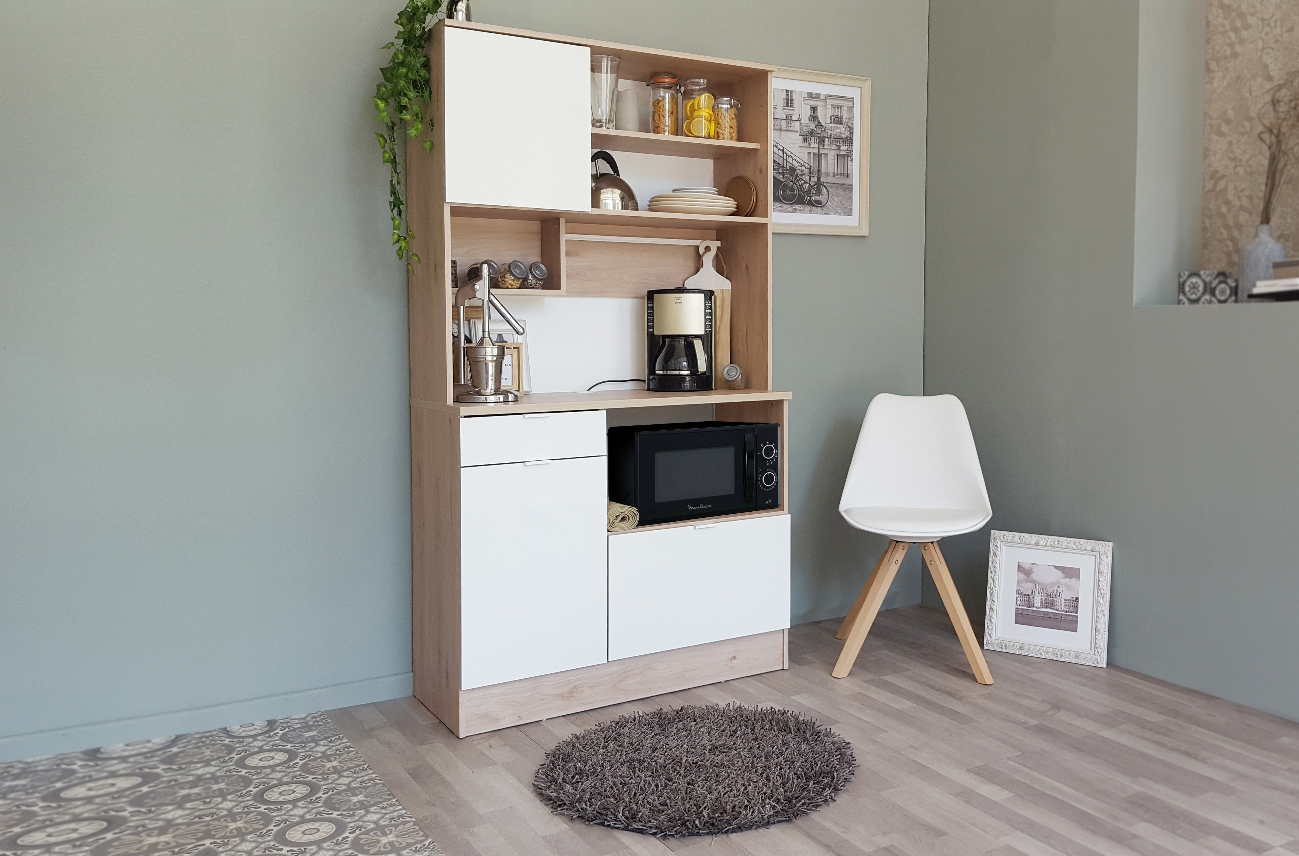 Vaisselier Lydia 100cm, 3 portes & 1 tiroir - blanc/décor de chêne - Image 4