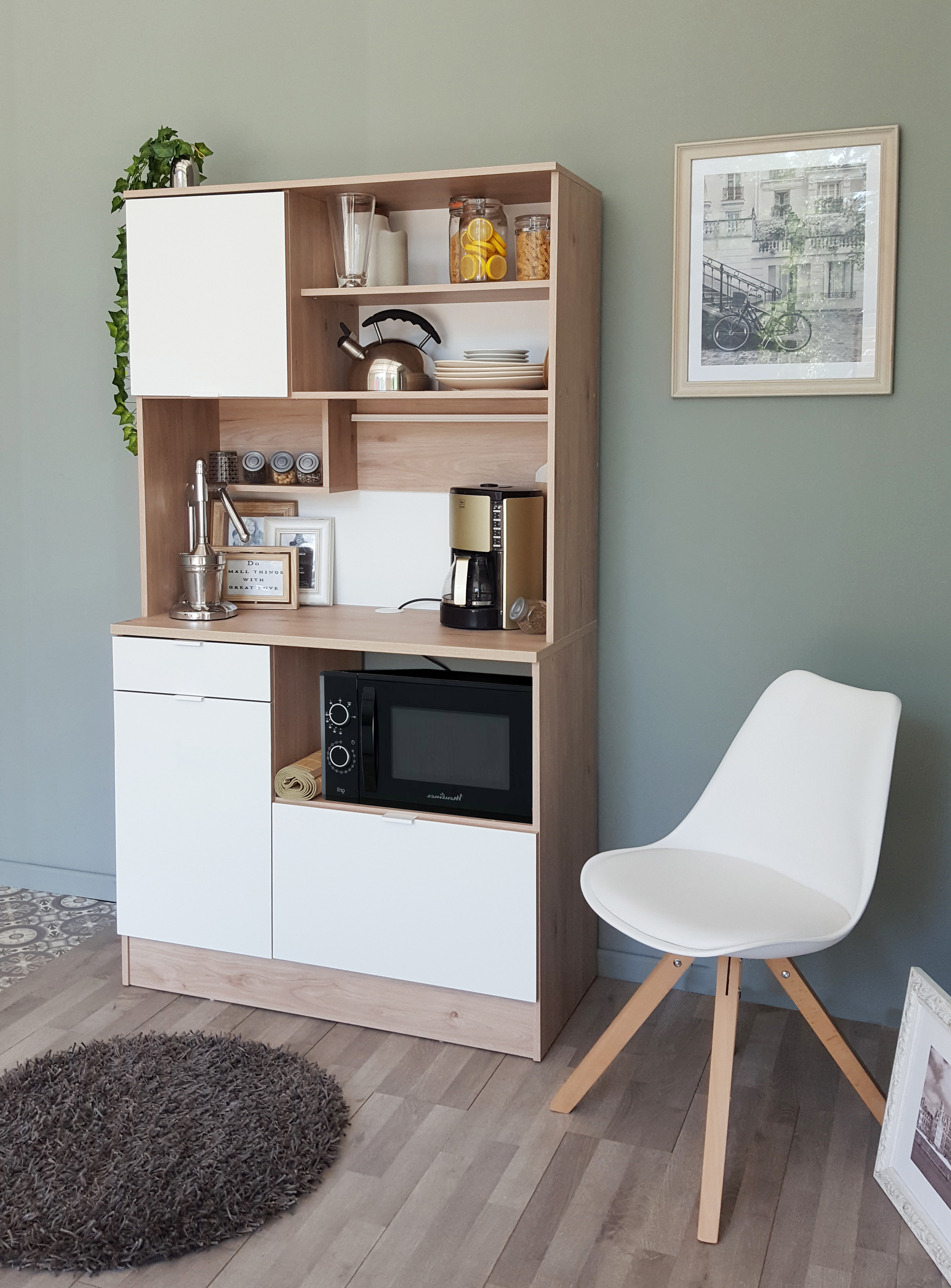 Vaisselier Lydia 100cm, 3 portes & 1 tiroir - blanc/décor de chêne - Image 7